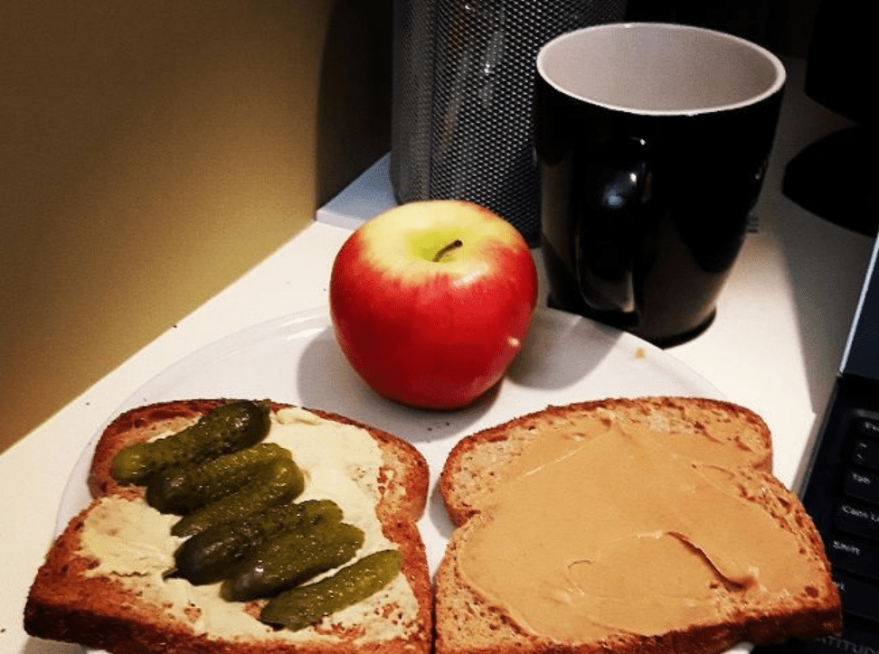 Peanut butter, garlic hummus, and dill pickle sandwich r/shittyfoodporn