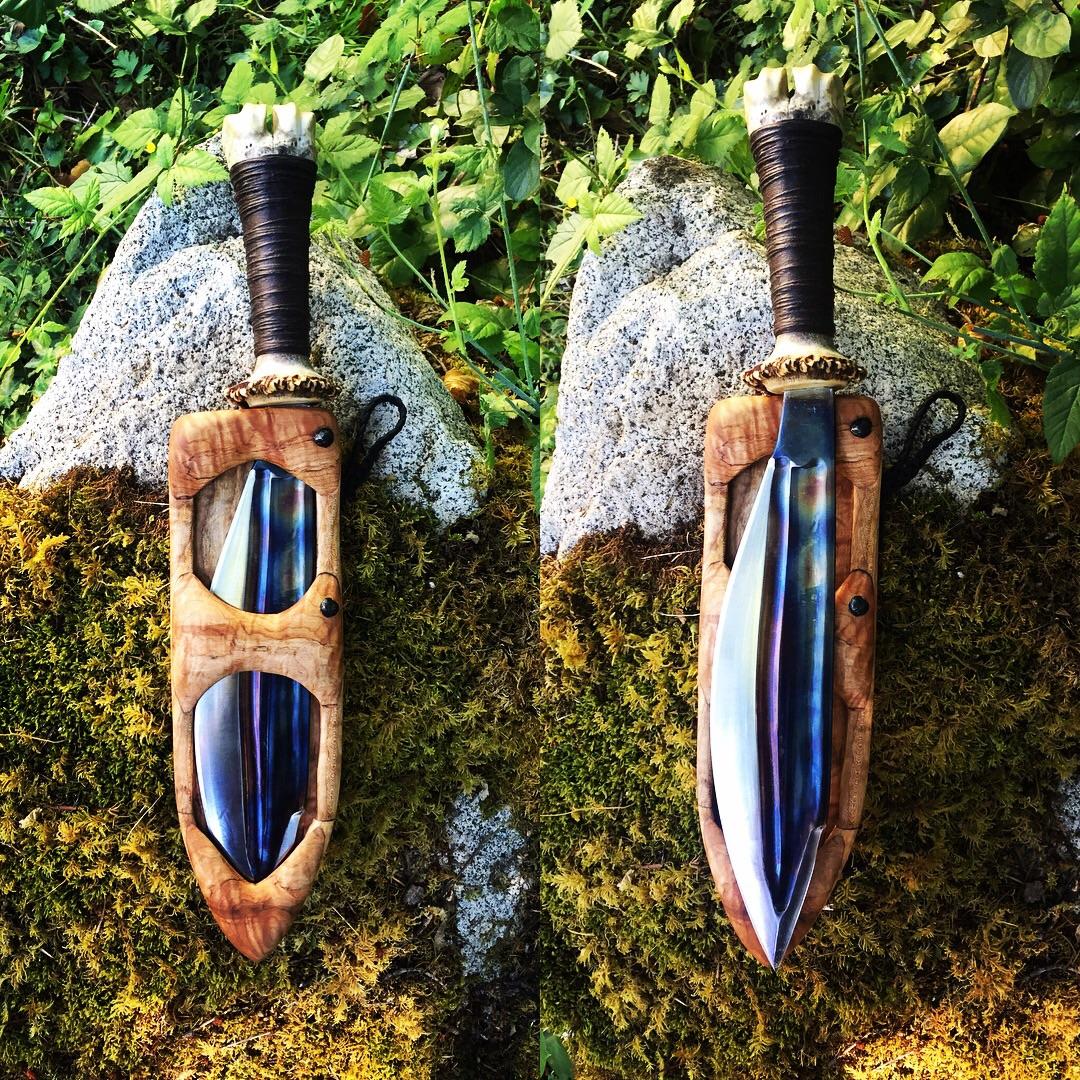 I just finished this bushcraft Knife. 12” spring Steel blade, elk antler and elk bone handle