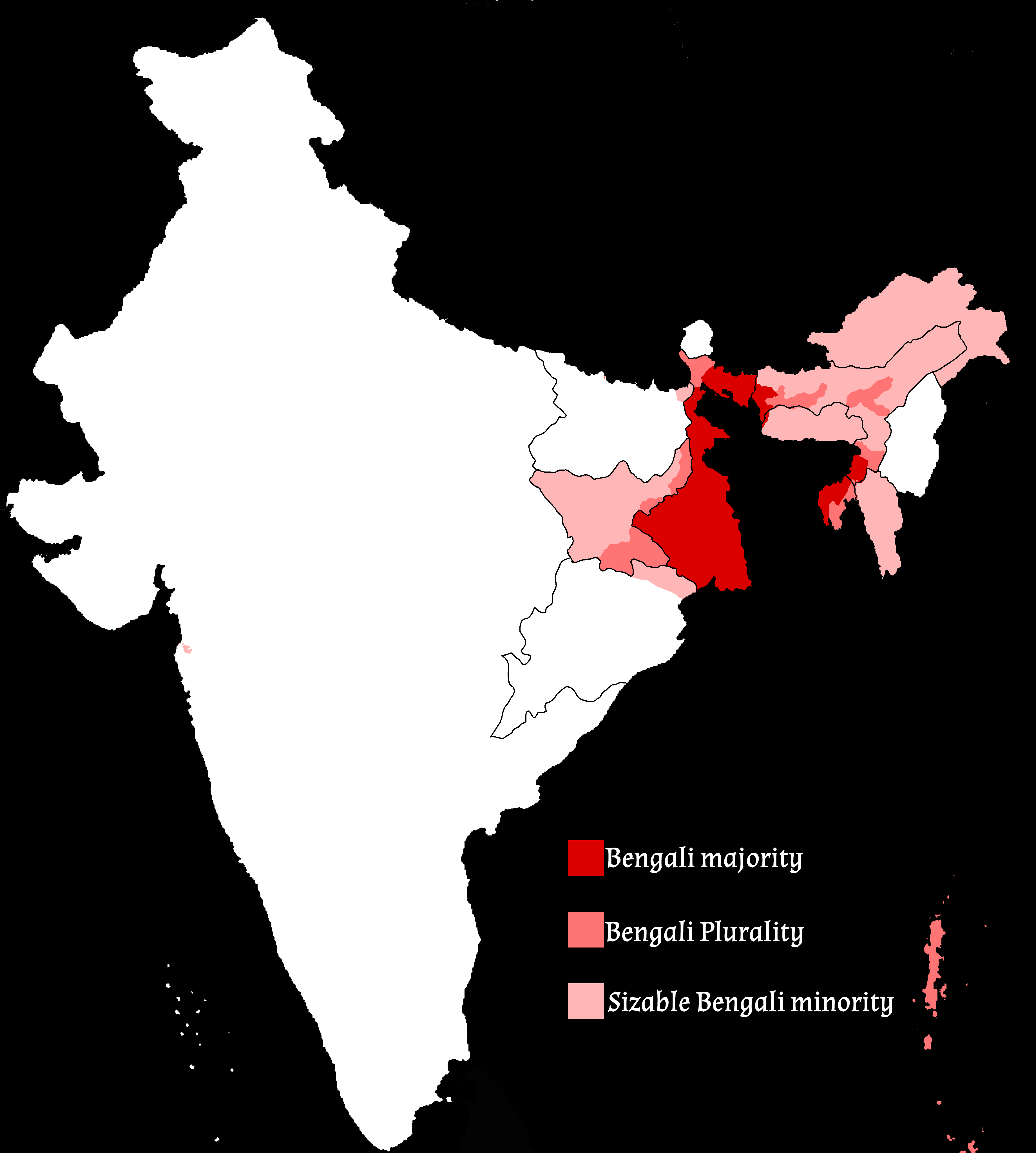 A map Showing The Bengali language in India (9 of its population) r