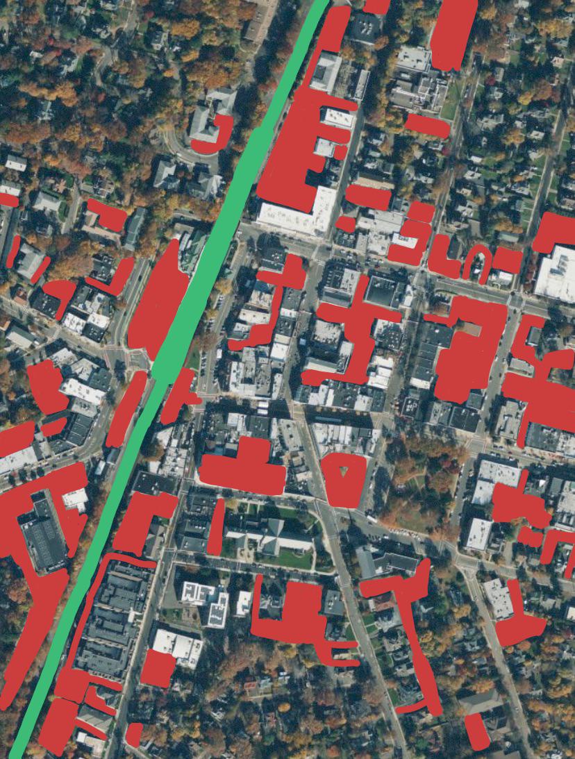Parking lots in downtown Ridgewood, NJ. Green is New Jersey Transit