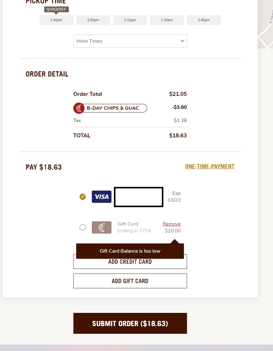Chipotle won't let you use your gift card on their website unless you