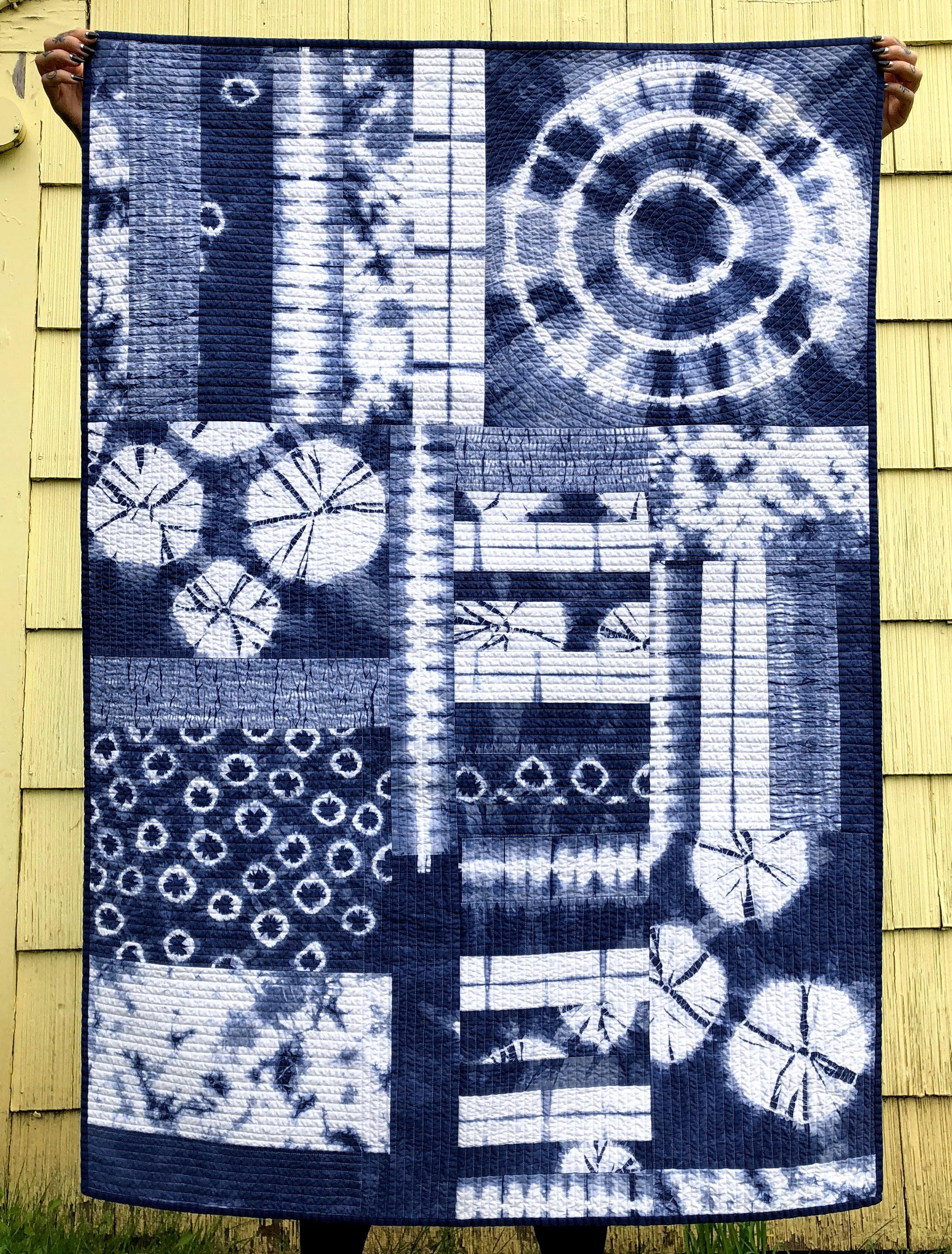 Shibori Indigo Patchwork Quilt 38" x 55" r/quilting