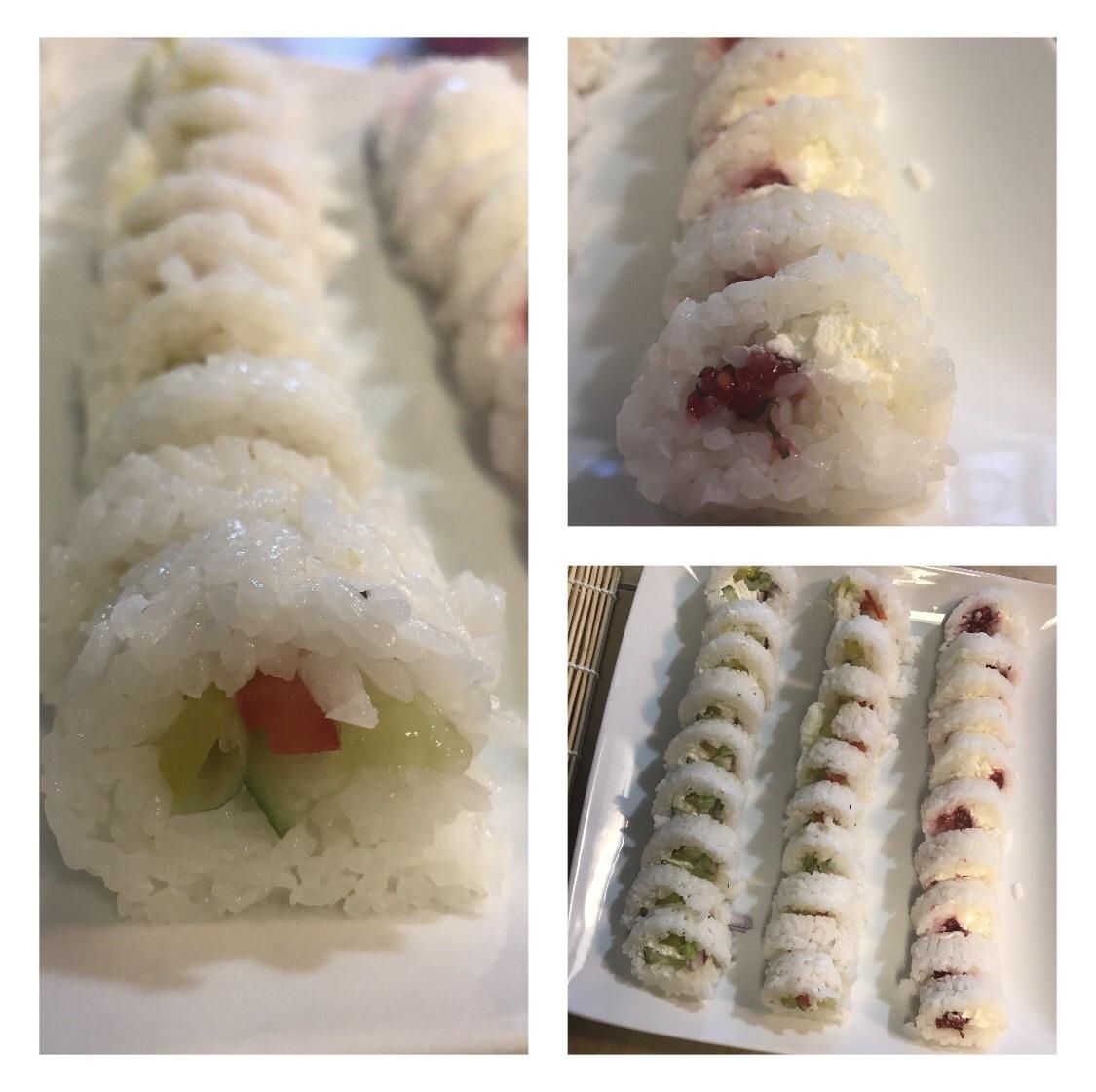 My first time making sushi!! Fresh, homemade rolls crushed raspberry