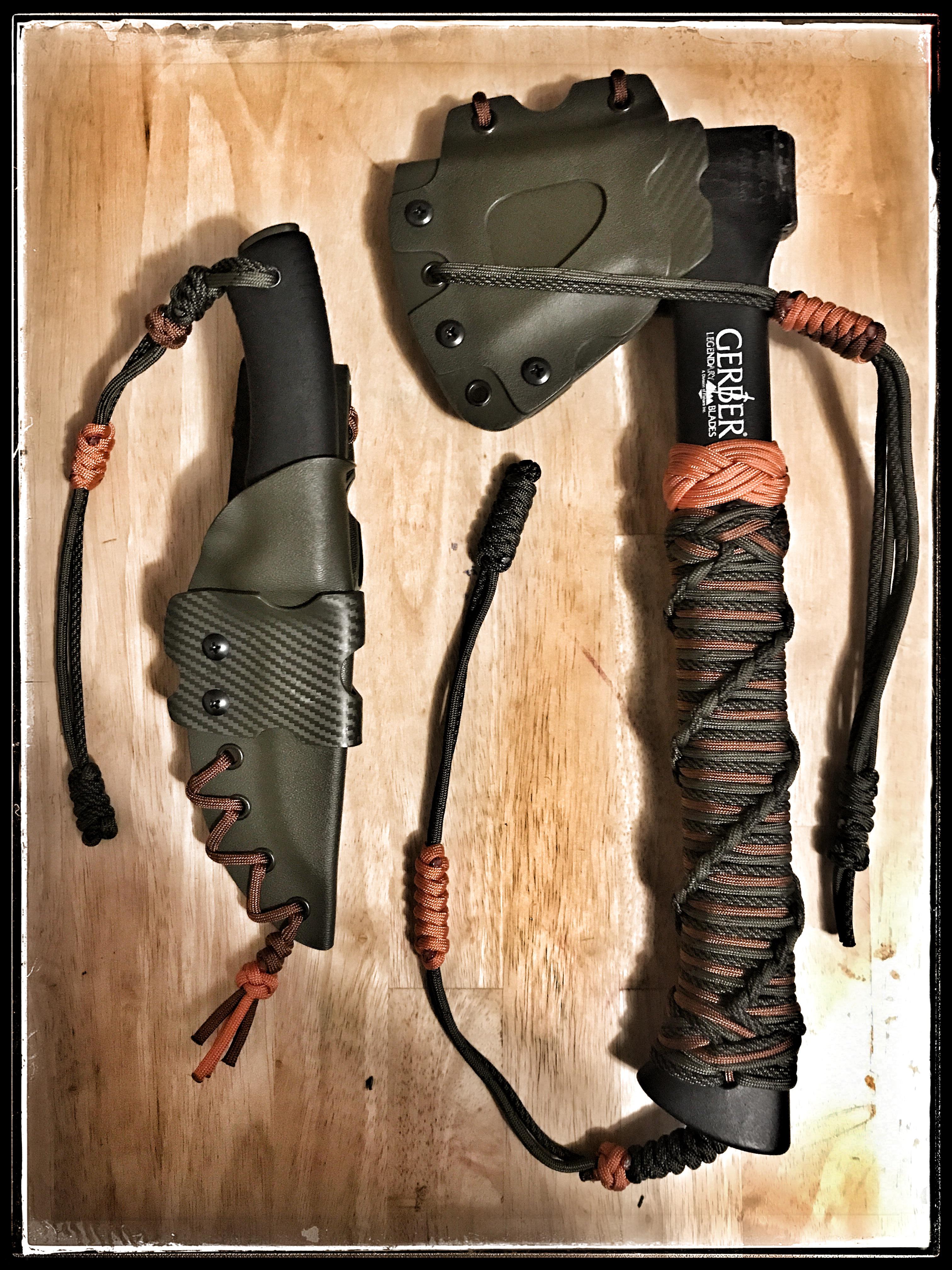 Kydex sheaths and paracord for the Gerber Fiskars axe and the Morakniv