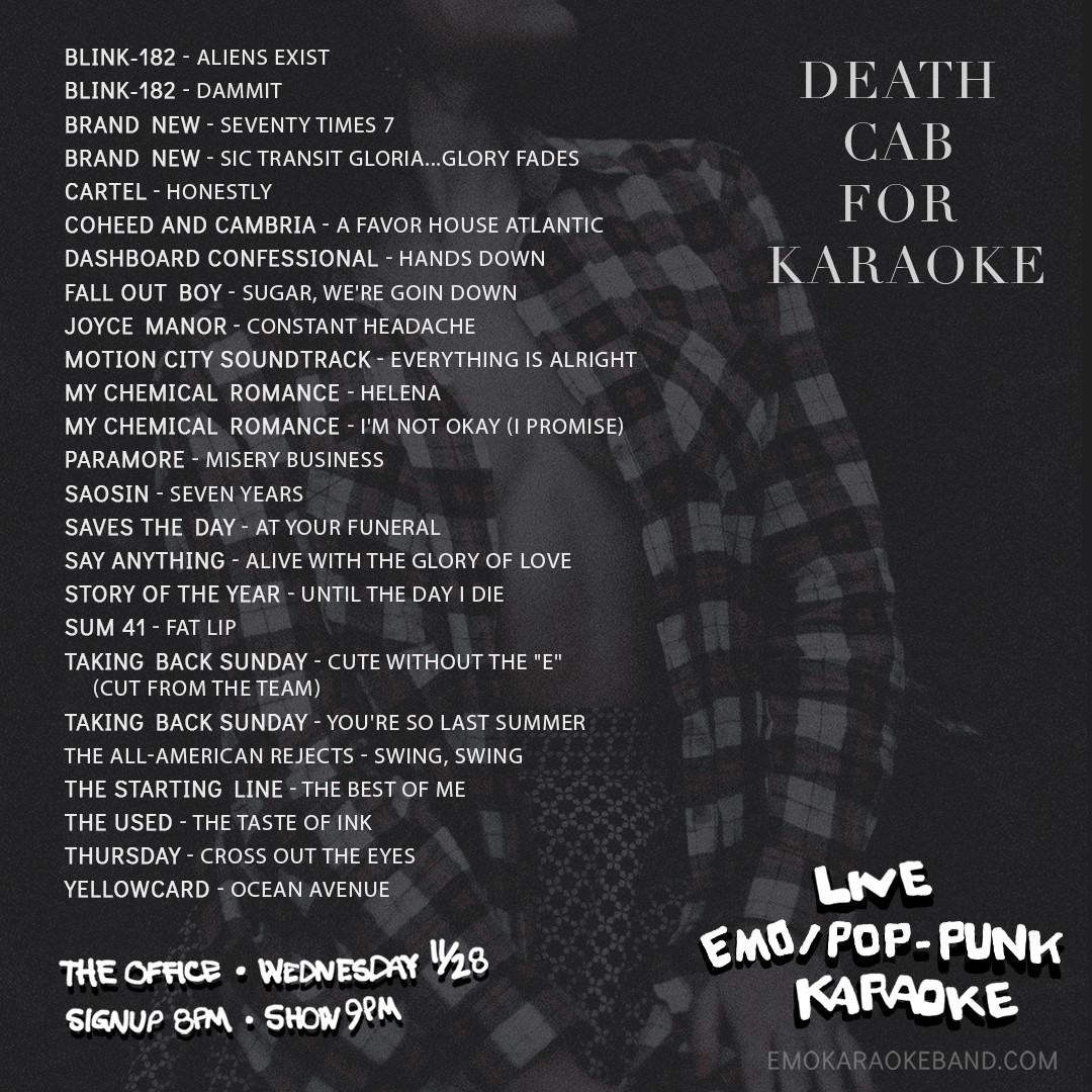 [EVENT] Here's the song list for live band poppunk/emo karaoke at The