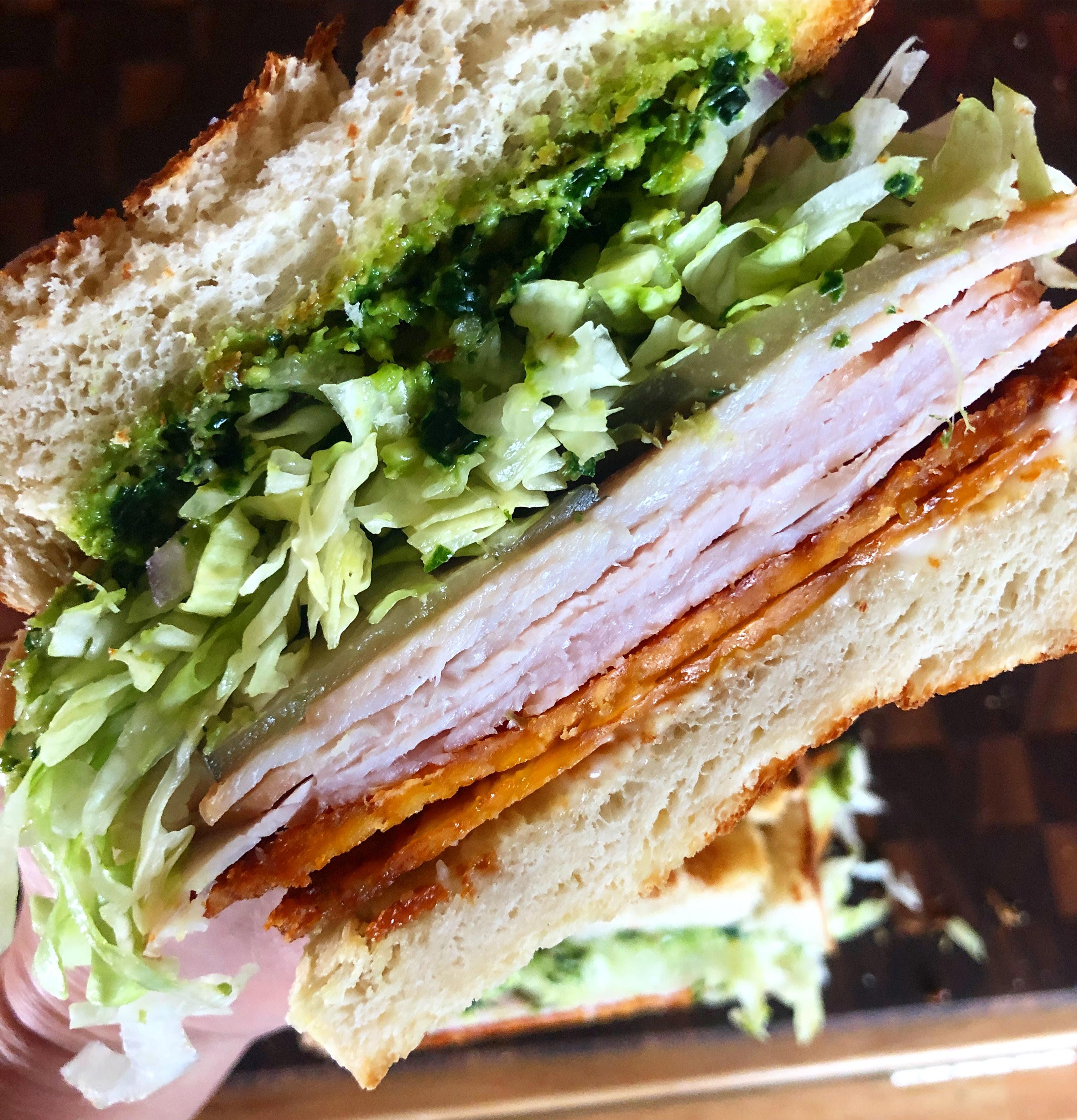 [Homemade] Kale Pesto Turkey Sandwich with Crispy Cheddar Slices r/food