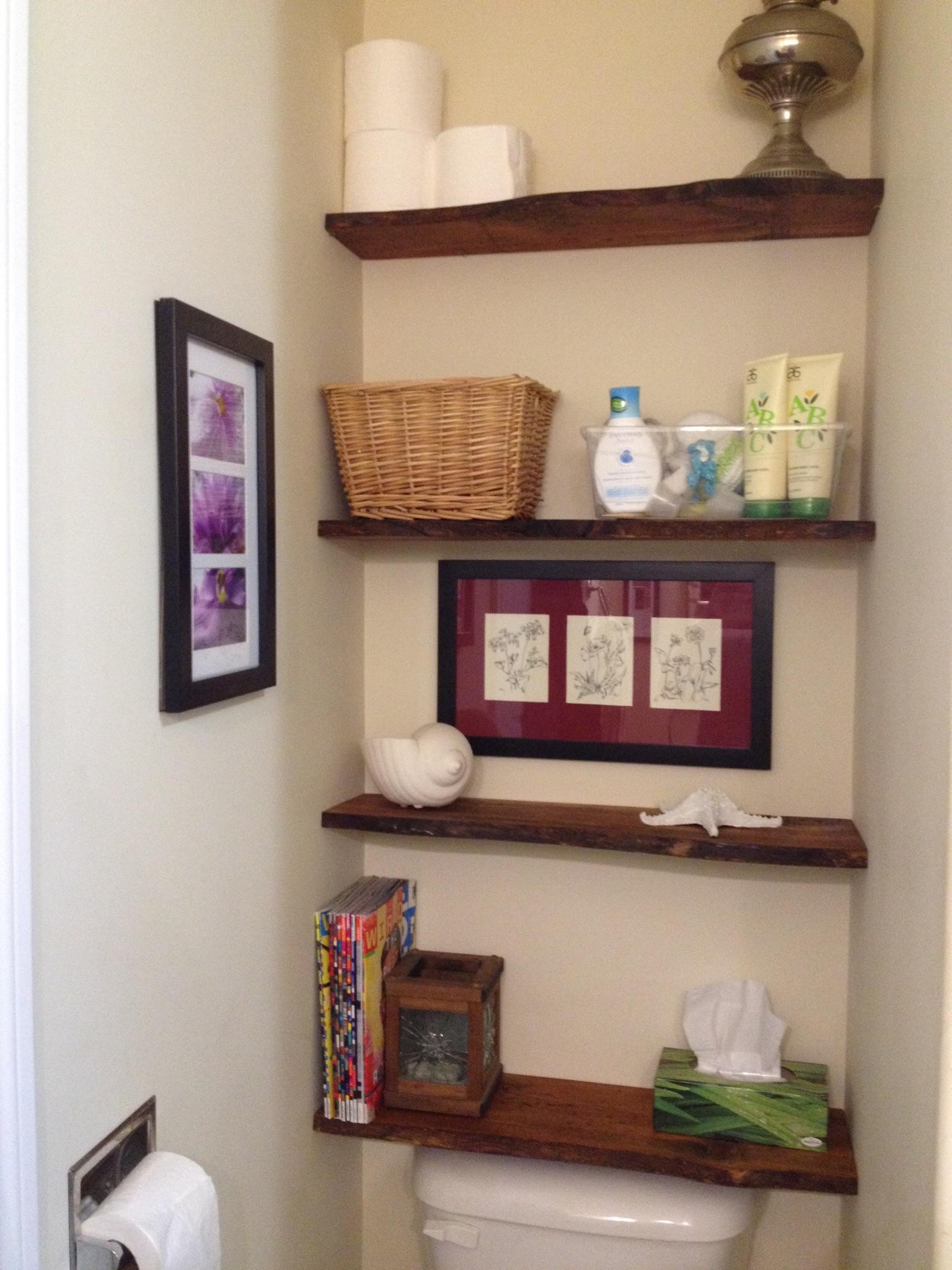 Simple live edge shelves for bathroom storage above toilet. r/woodworking