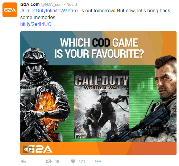 G2A using Battlefield art in a tweet about Call of Duty r