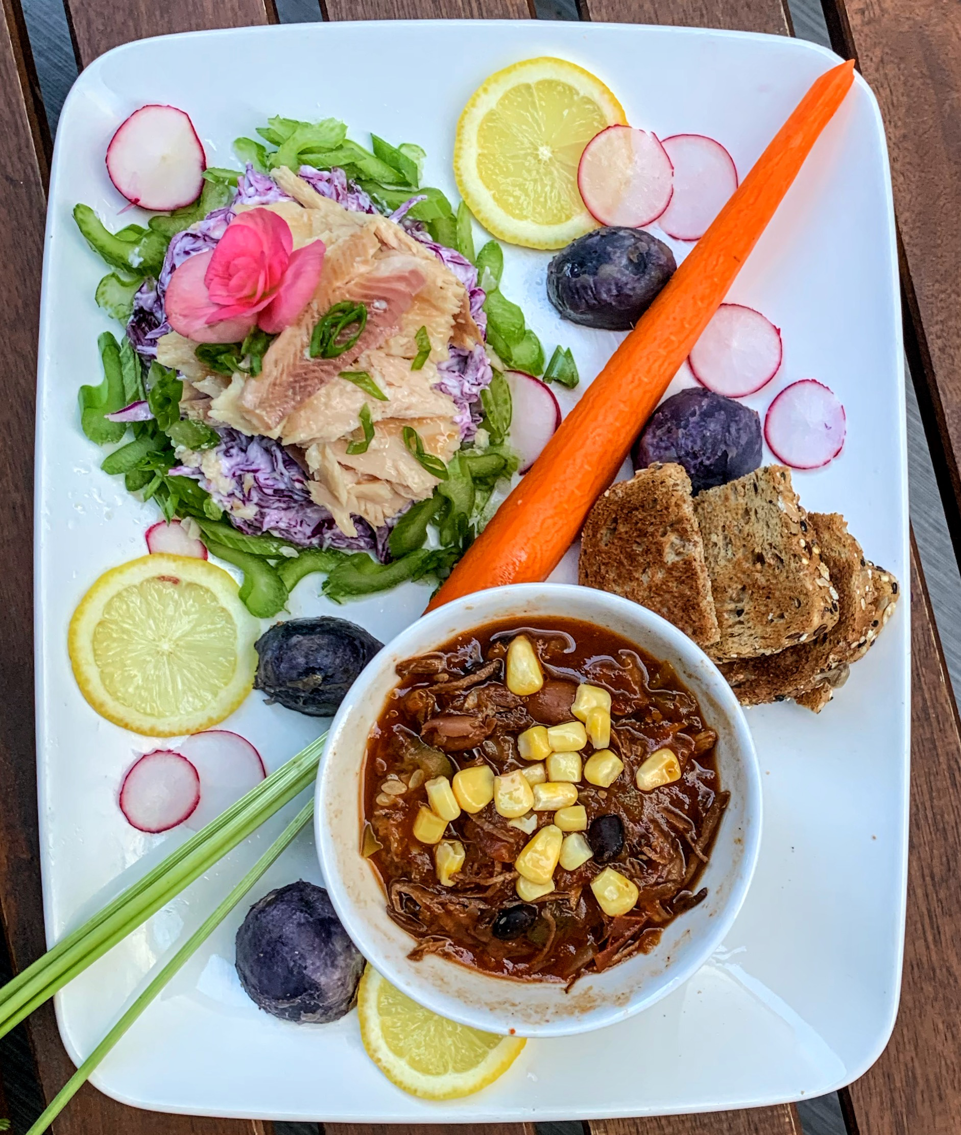 Smoked trout over yogurt purple cabbage slaw, baby blue bakes potatoes