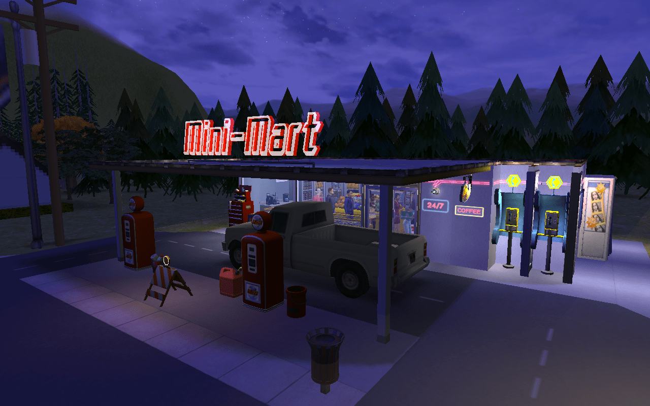 [Sims 2] I built a little 24/7 convenience store/gas station for my