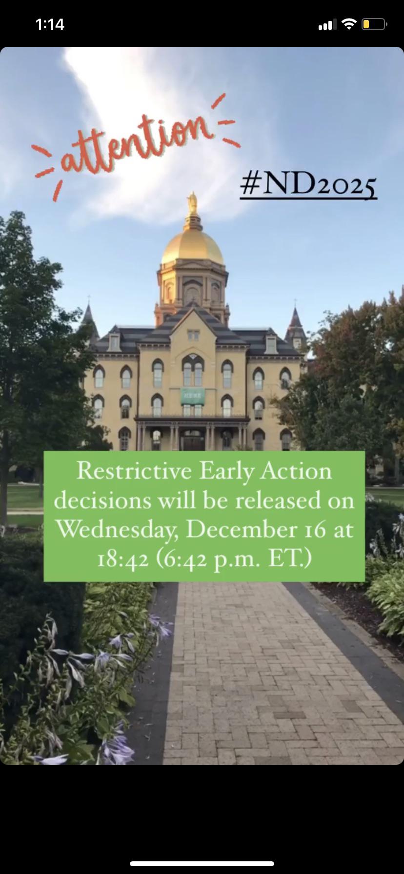Notre Dame REA decision date announced on the ndadmissions Instagram
