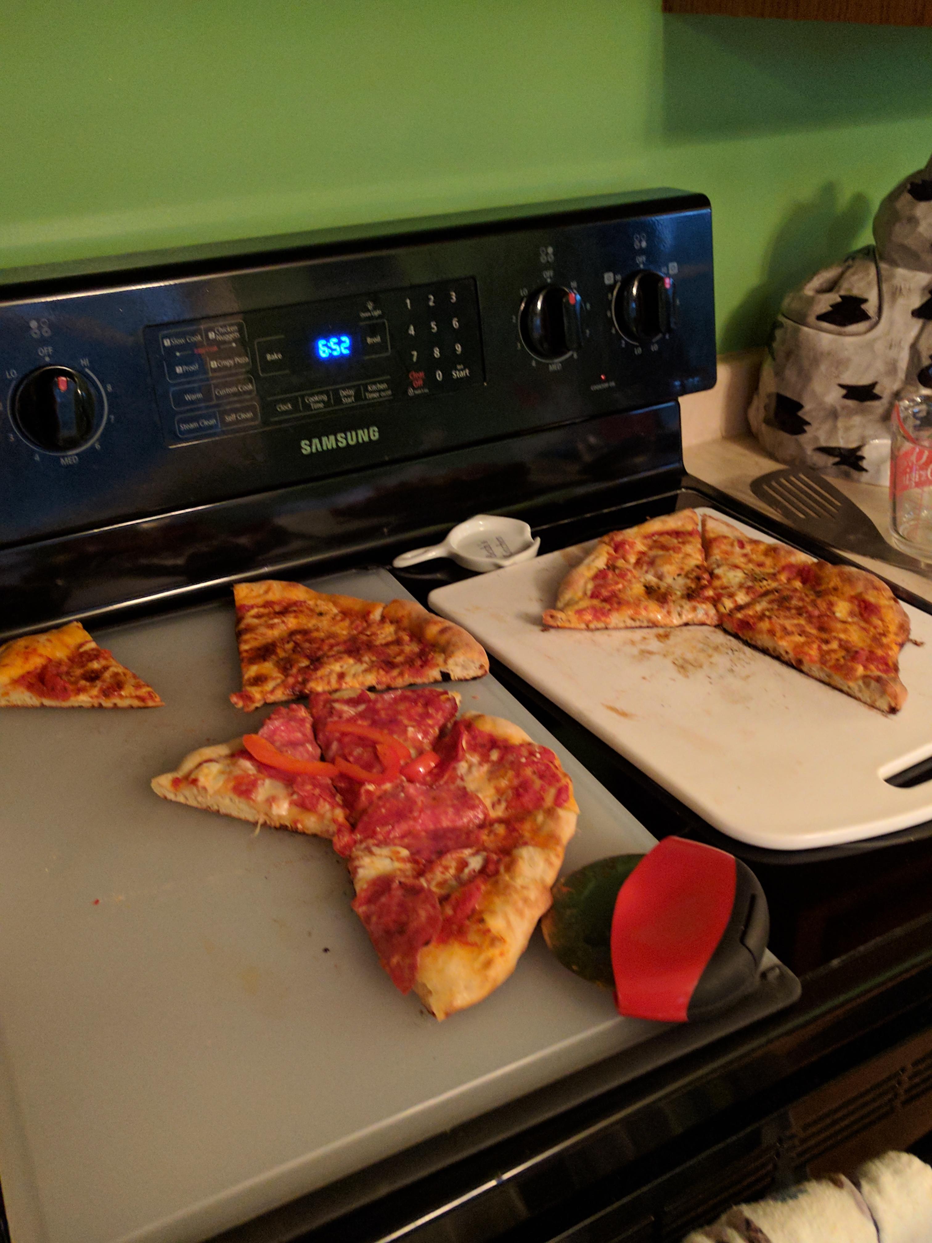 3 pizzas, used Alton Brown's pizza crust, pizza sauce made with San