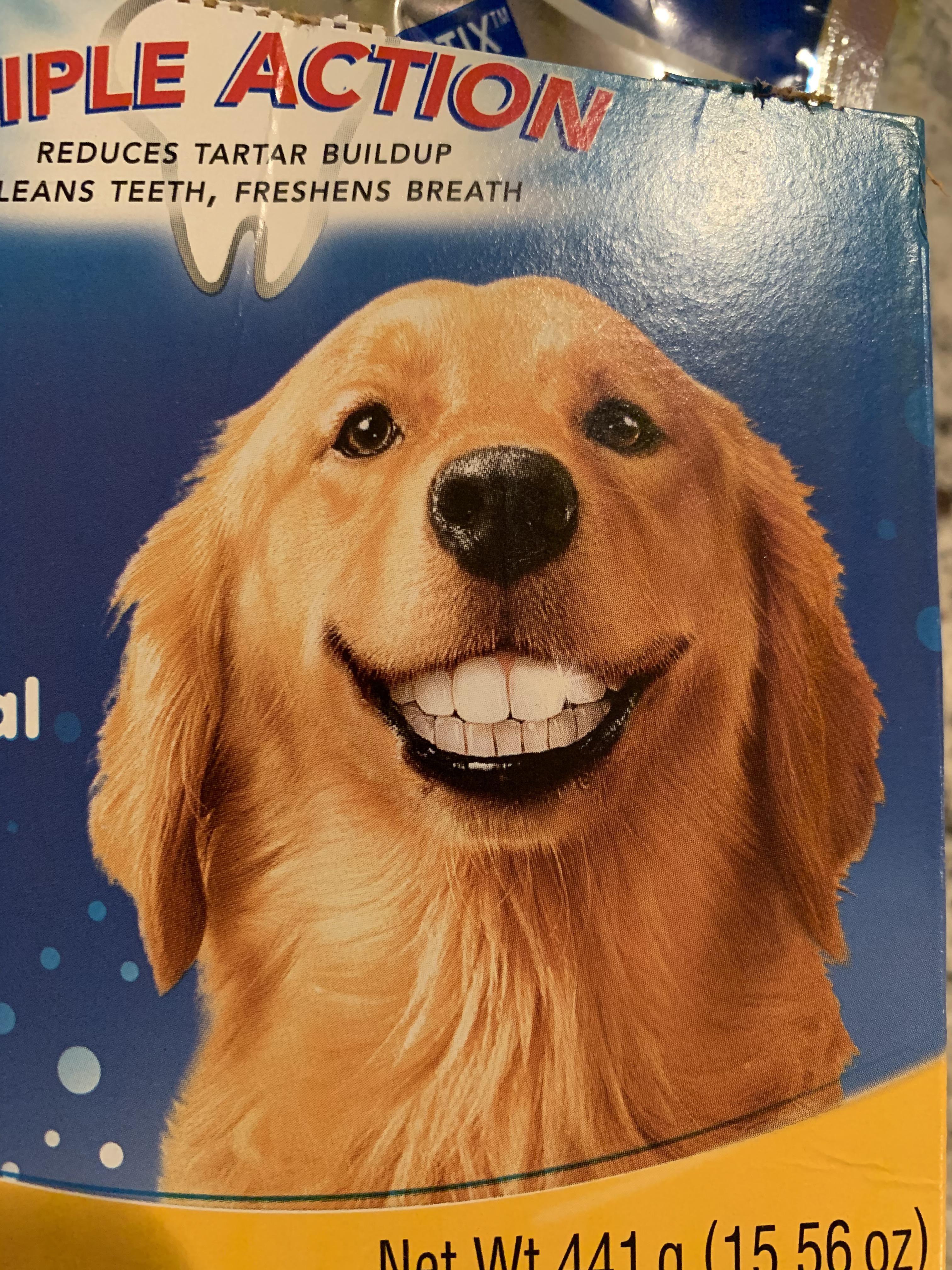 This box of teeth cleaning dog treats r/oddlyterrifying