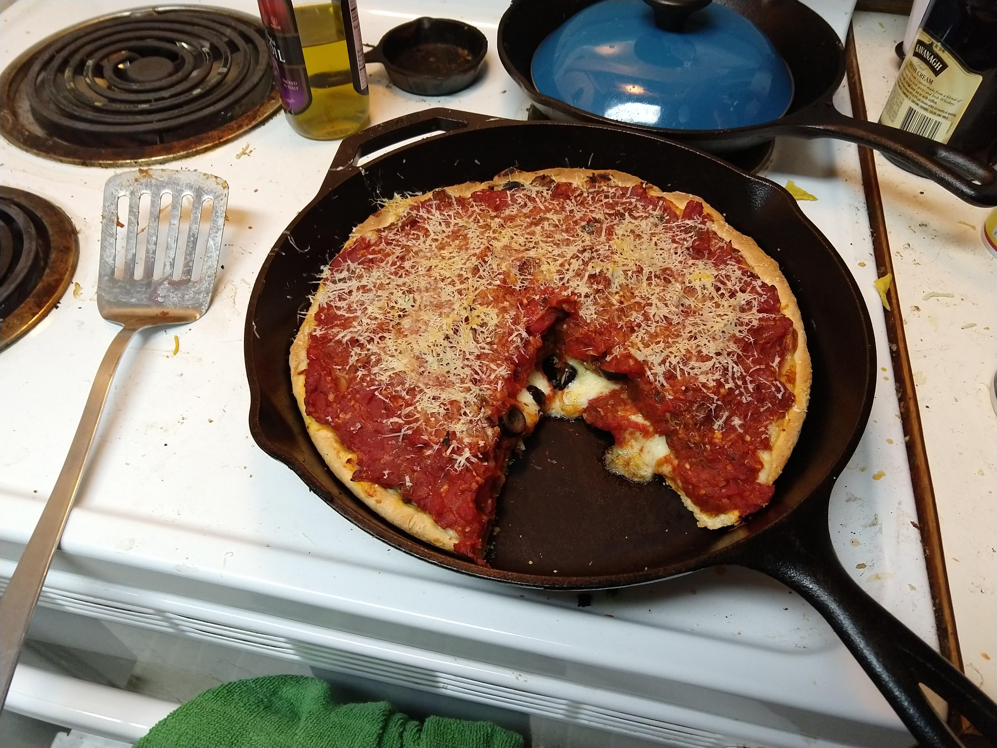 Made my first deep dish pizza in my lodge 12 inch castiron