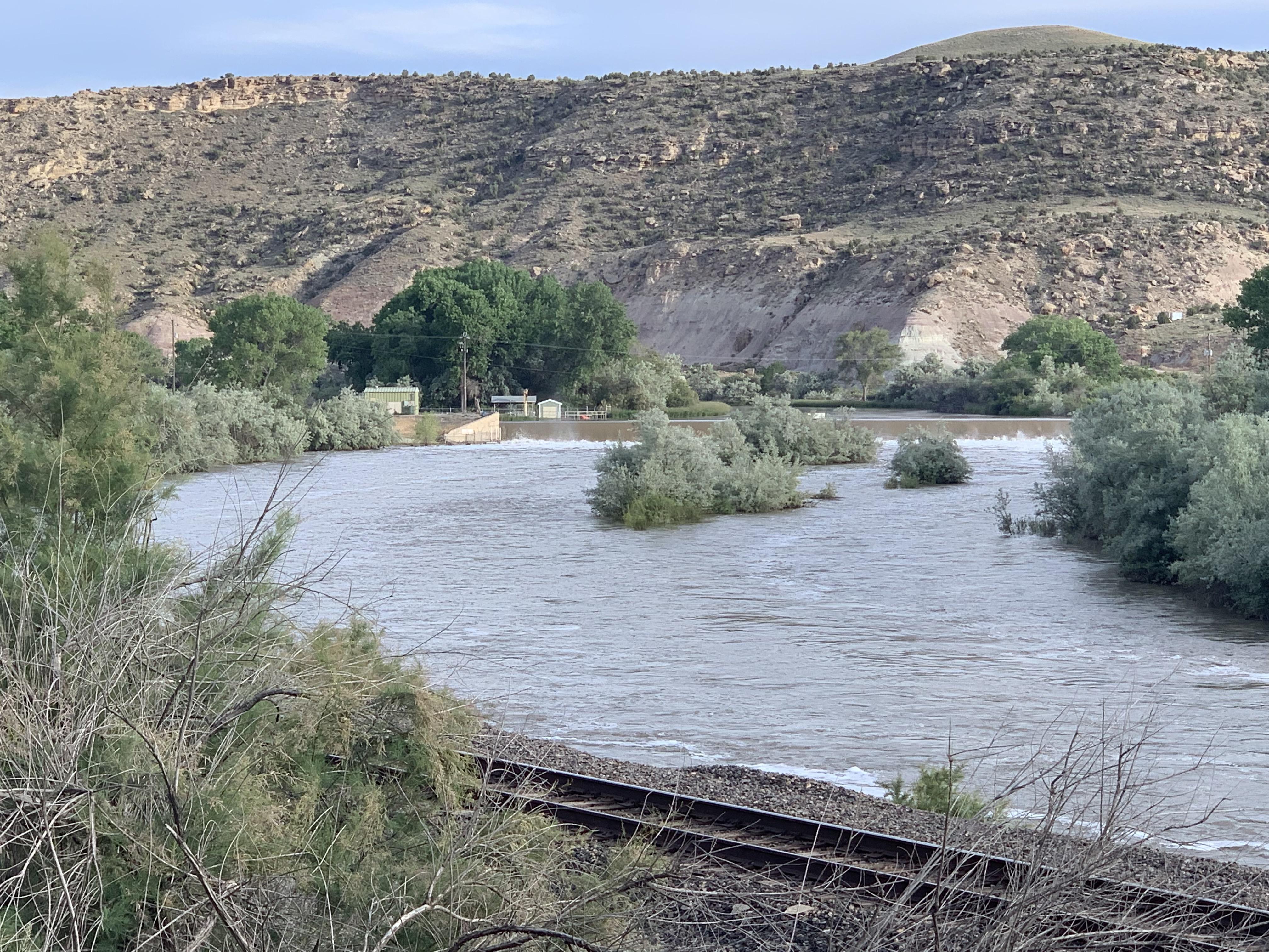 The water in the Gunnison River has almost topped the train tracks by my house. The damn