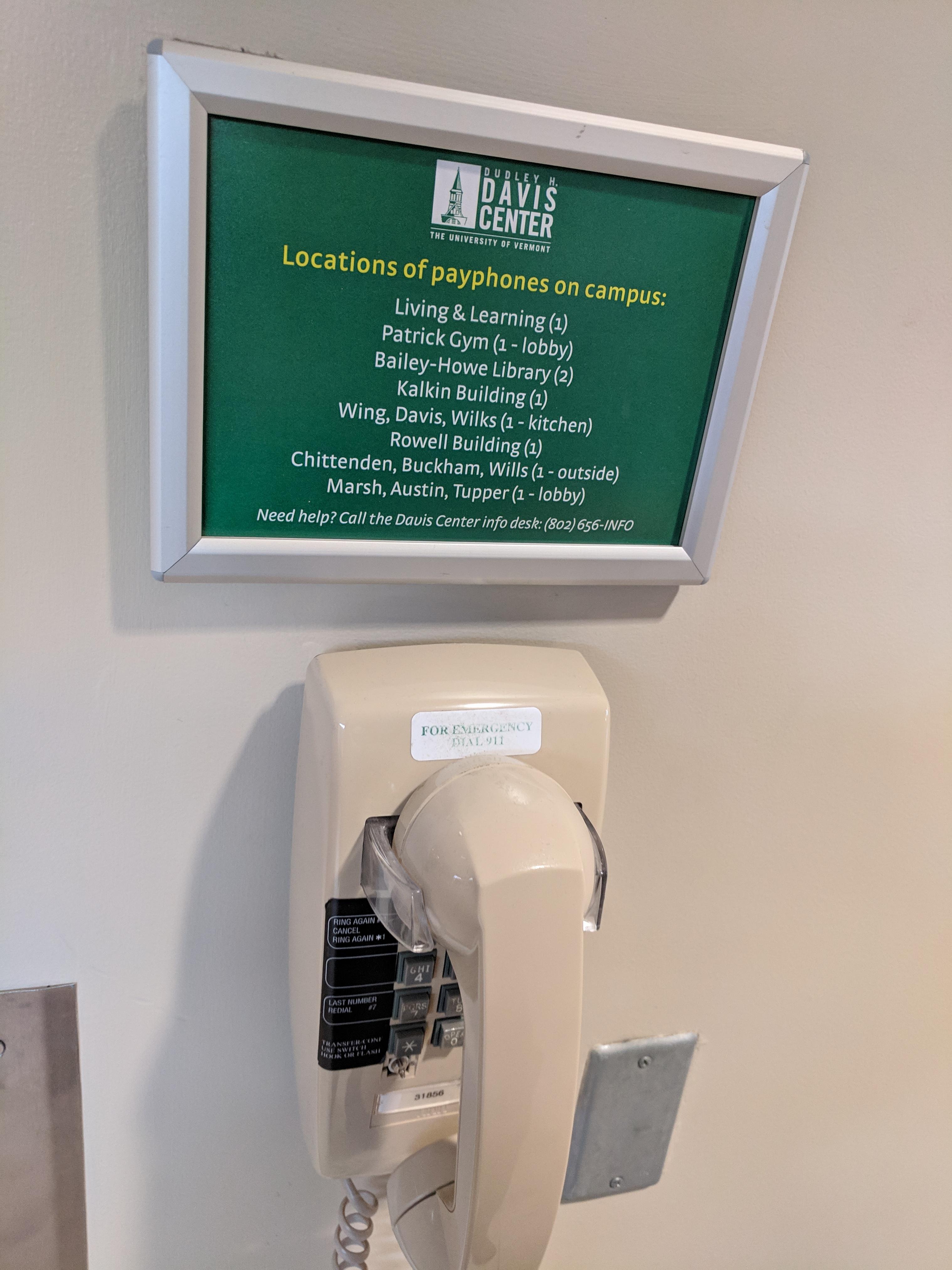 University of Vwrmont public phone & locations r/Payphone