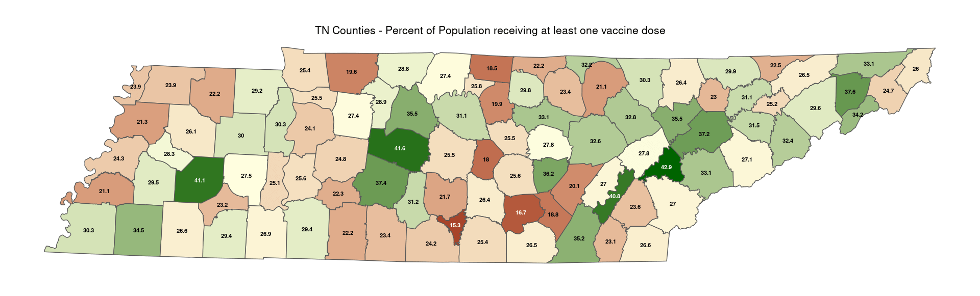 Percent of TN County Population receiving at least one vaccine dose as