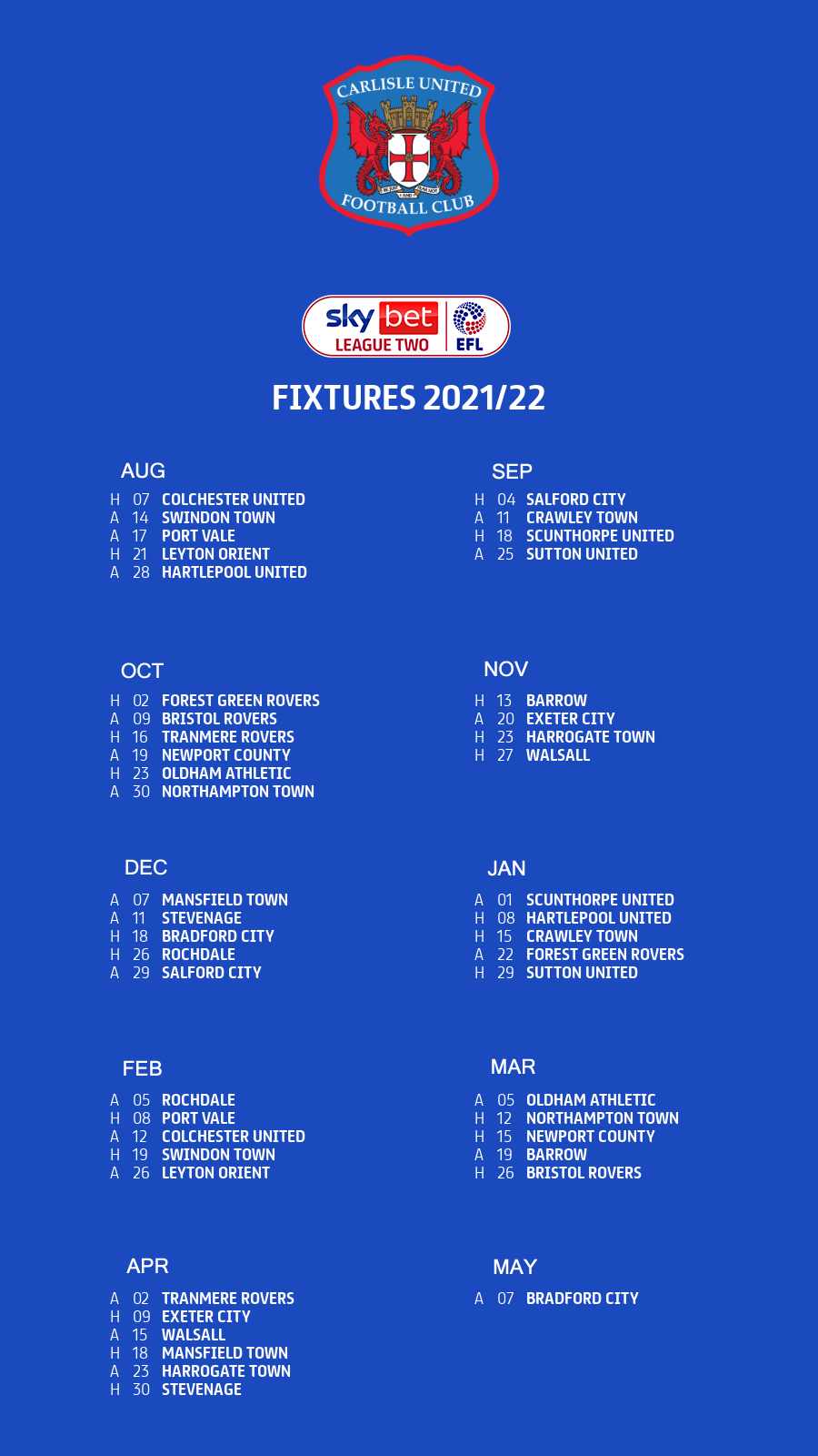 2021/22 Carlisle United Fixture List r/cufc