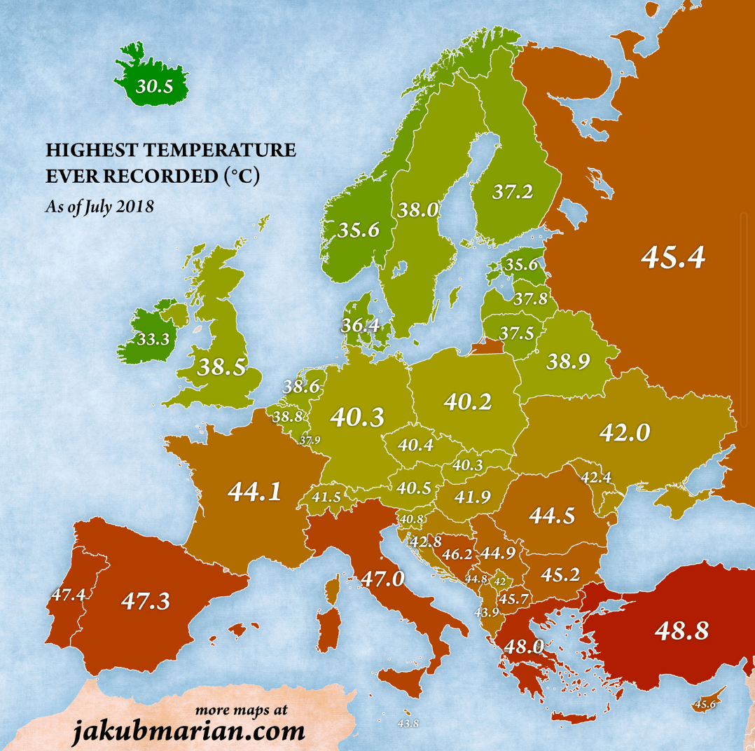 Highest temperature recorded in different European countries. r/MapPorn