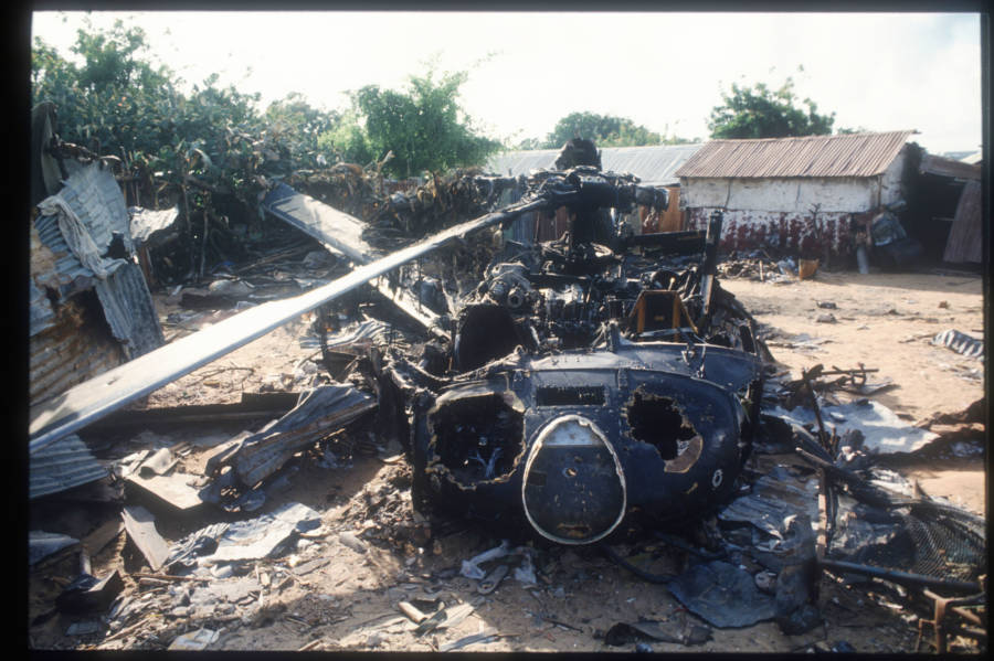 The wreckage of an American black hawk helicopter on October 14, 1993