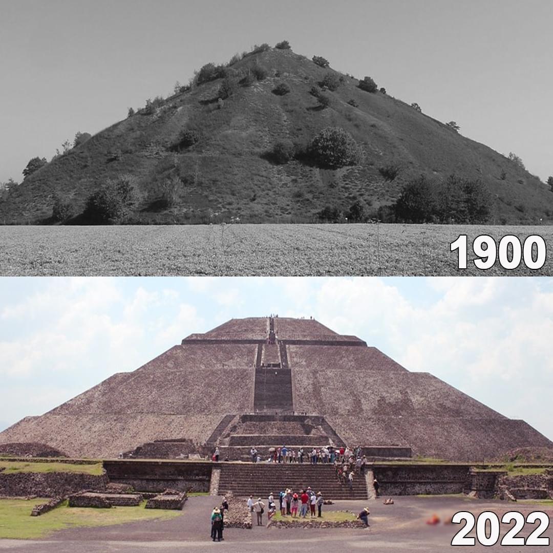 Teotihuacan Pyramid in Mexico City in 1900 and in 2022. The 1900 view