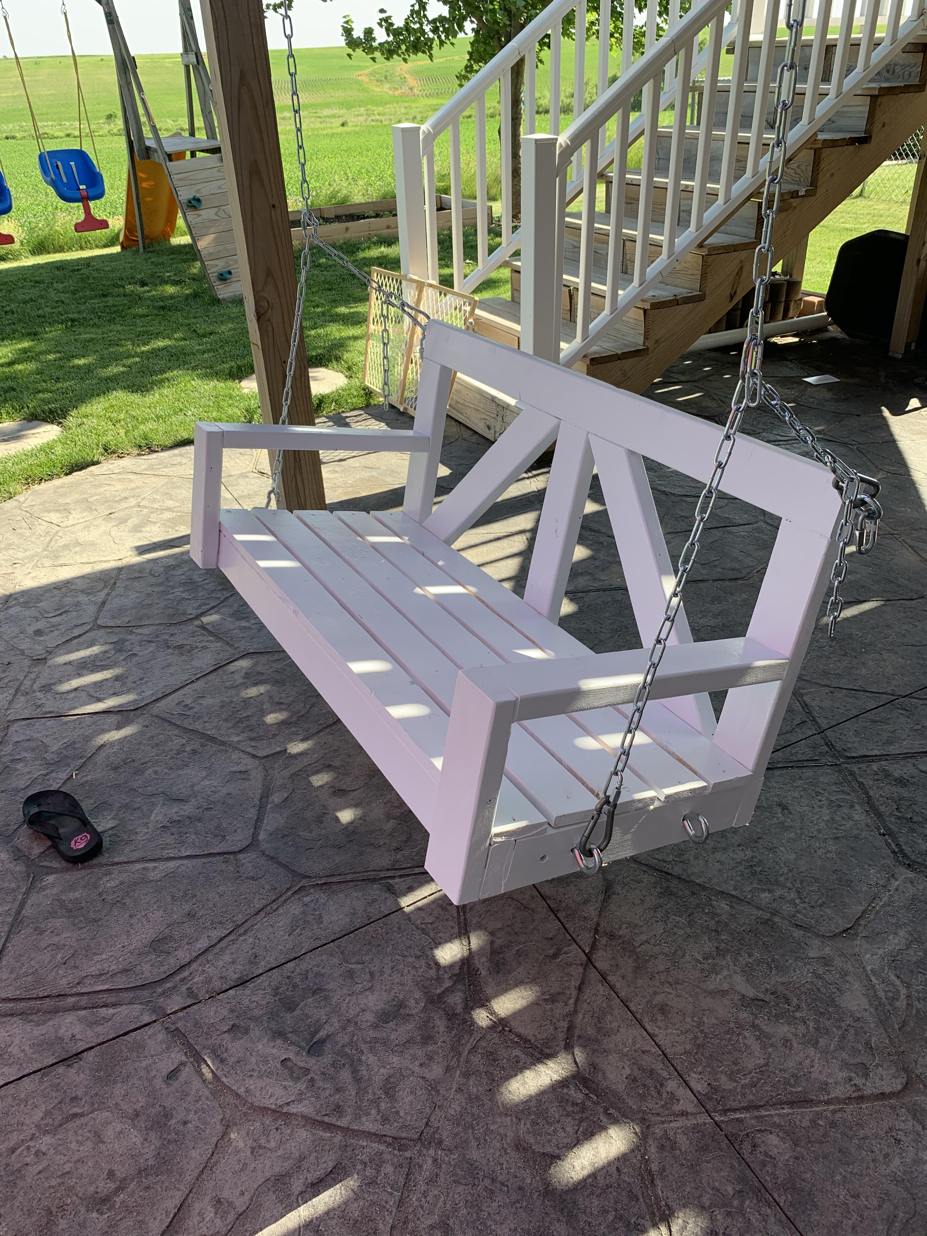Porch swing out of some 2x4’s and pine. Took a few days, but I’m proud