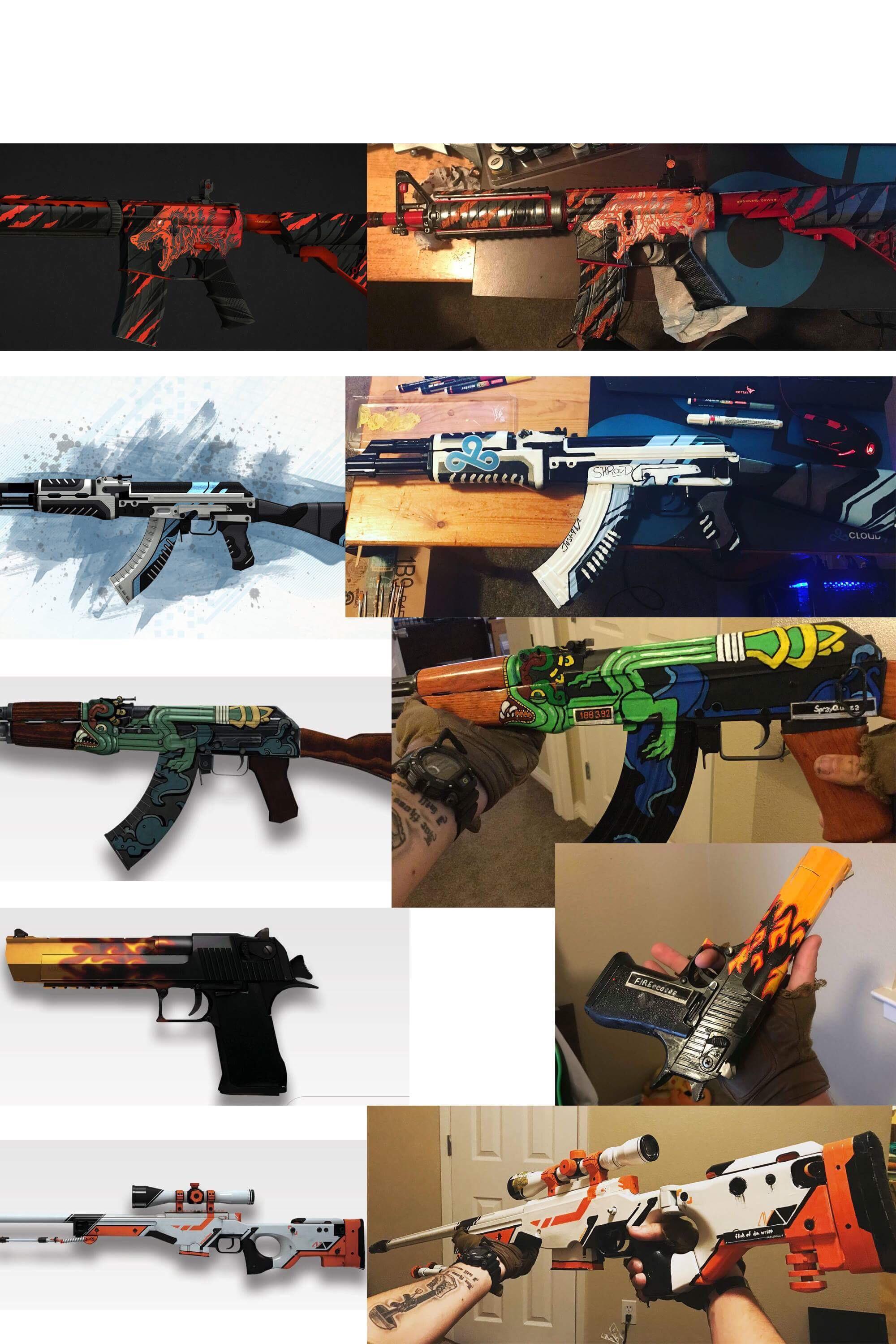 I take airsoft guns and hand paint the designs from Counter Strike on