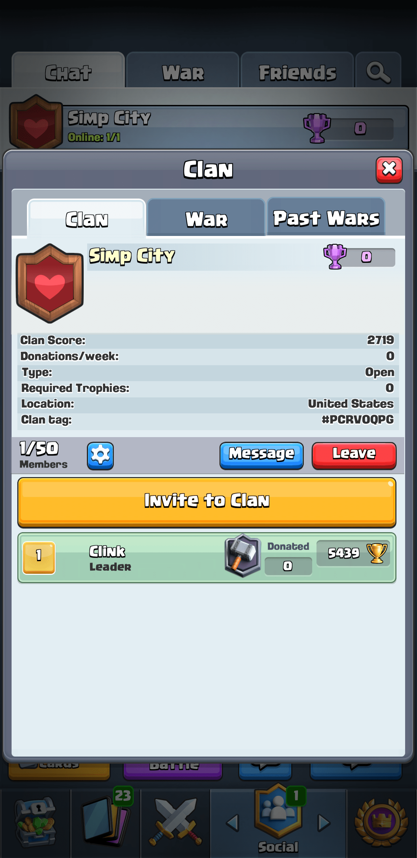 Just made a clan! If anyone would like to join go ahead r/Clash_Royale