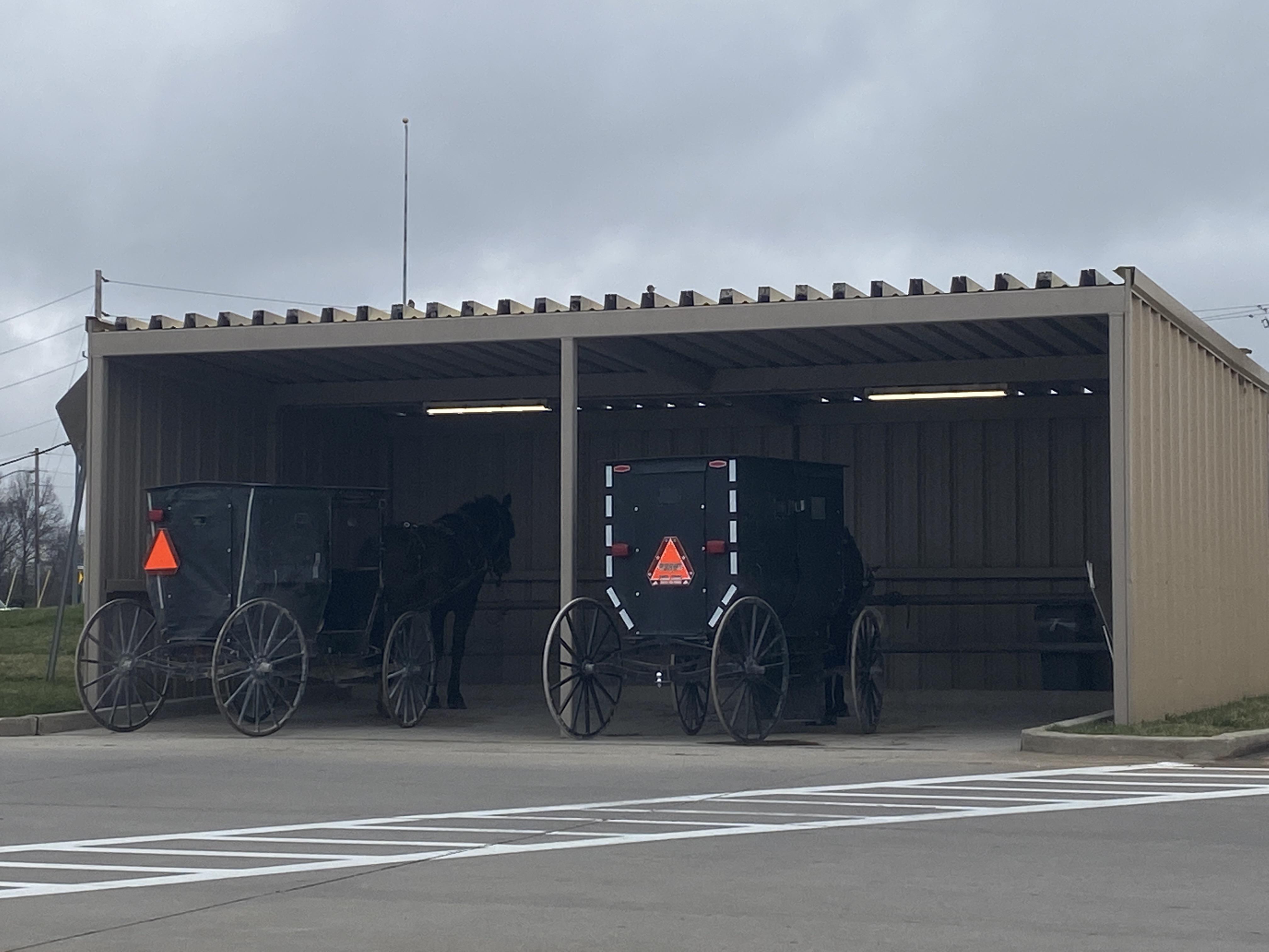 Walmart in Bowling Green, MO has a parking barn for the Amish buggies
