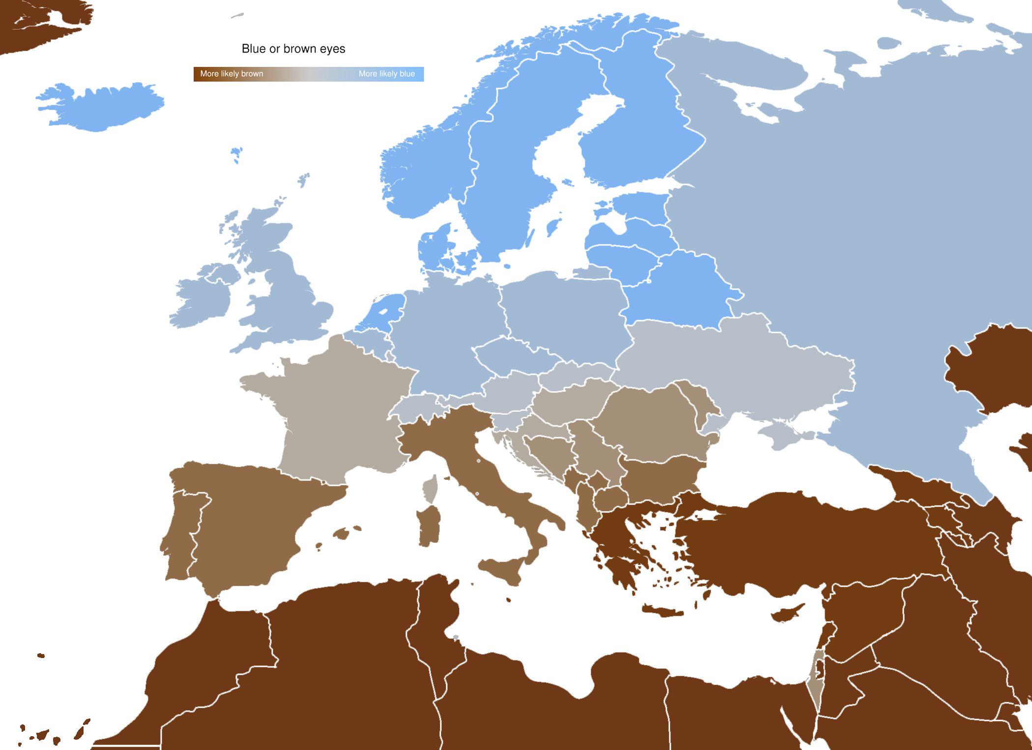 Brown vs. blue eyes in Europe; the more brown the country, the more