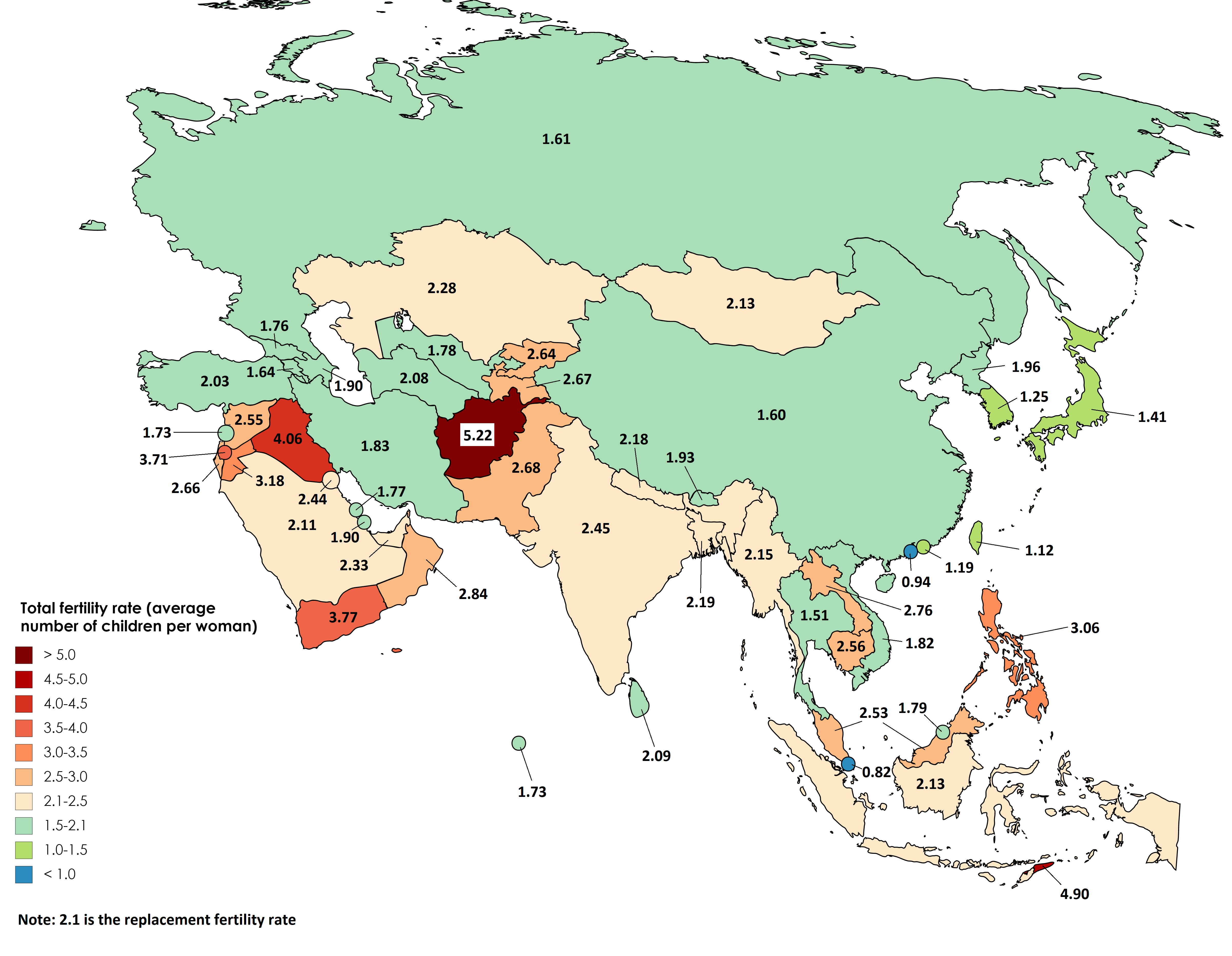 Fertility rates in Asia, 2016 [4800 x 3725] r/MapPorn