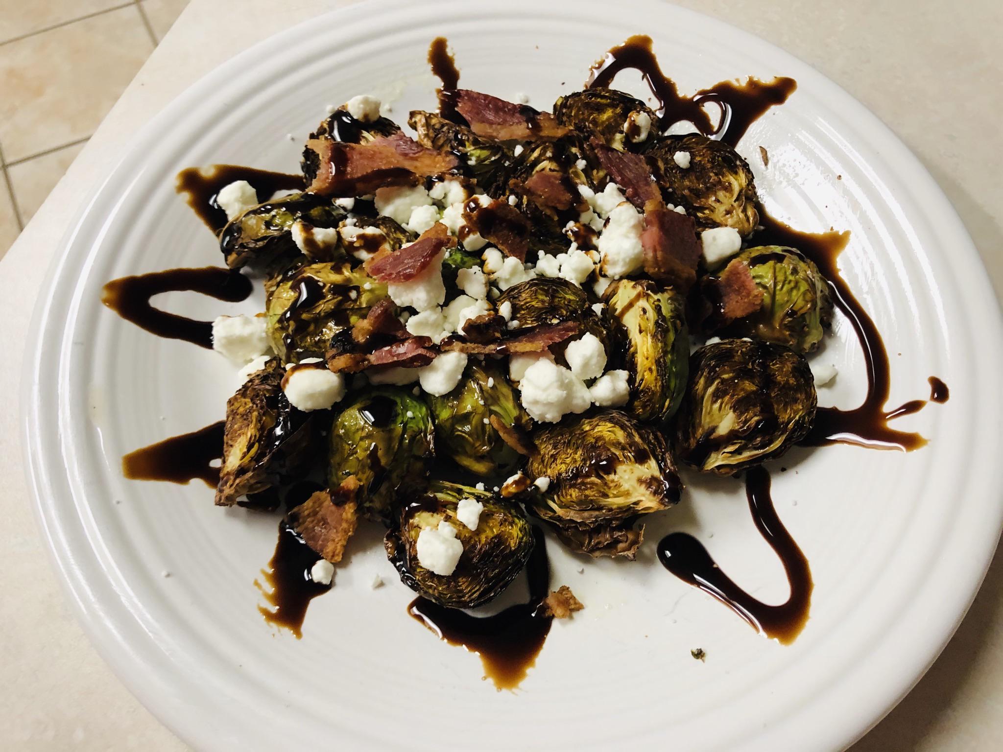 [Homemade] Brussels Sprouts with Goat Cheese, Bacon and a Balsamic