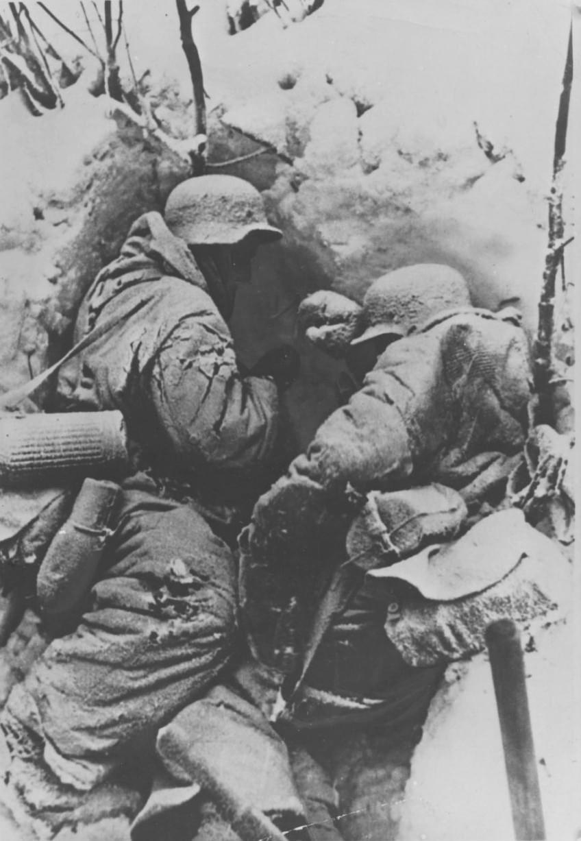 German soldiers frozen to death in a dugout. Stalingrad, December, 1942