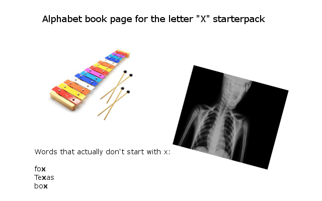 Alphabet book page for letter X starter pack starterpacks