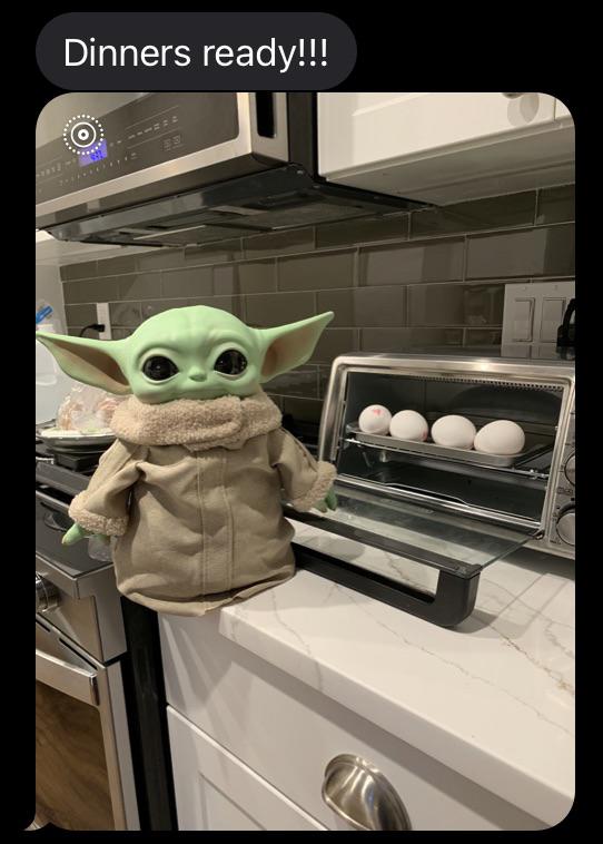 My mother has started sending me photos of her Baby Yoda. r