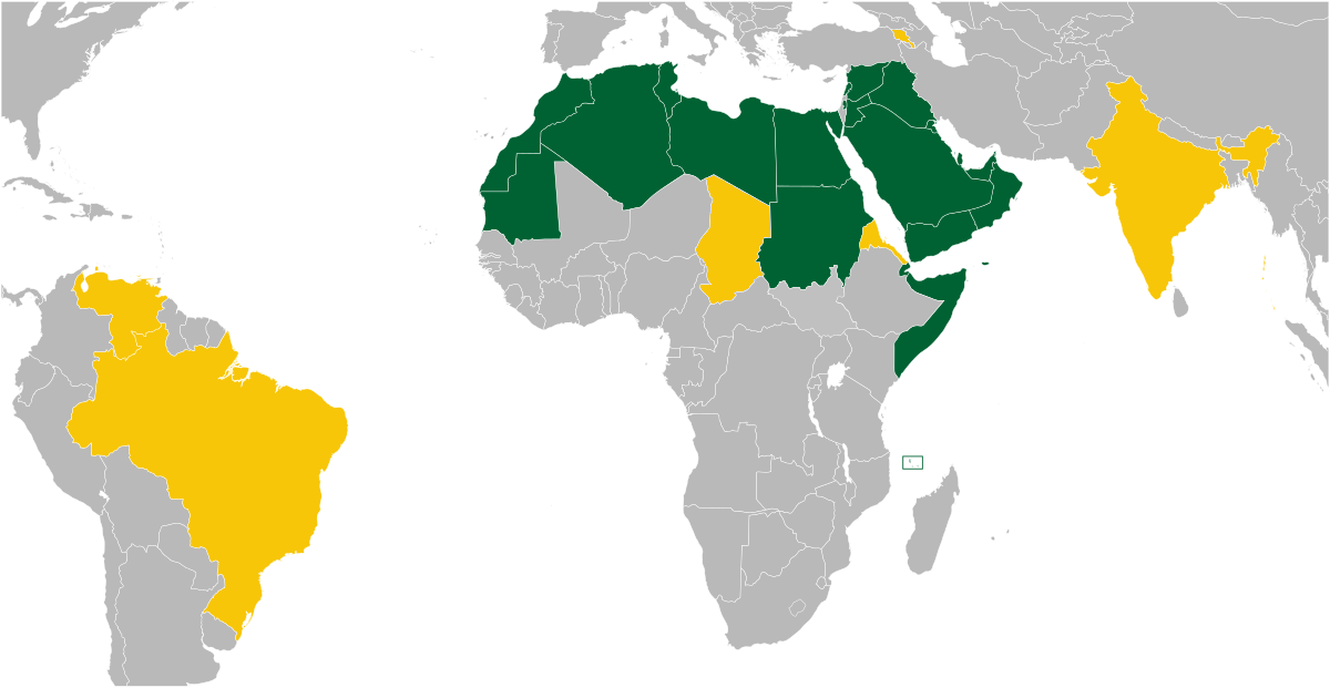 Map of the Arab League Member states (in green) and Observer states (in yellow) u/AMADOGAMAL