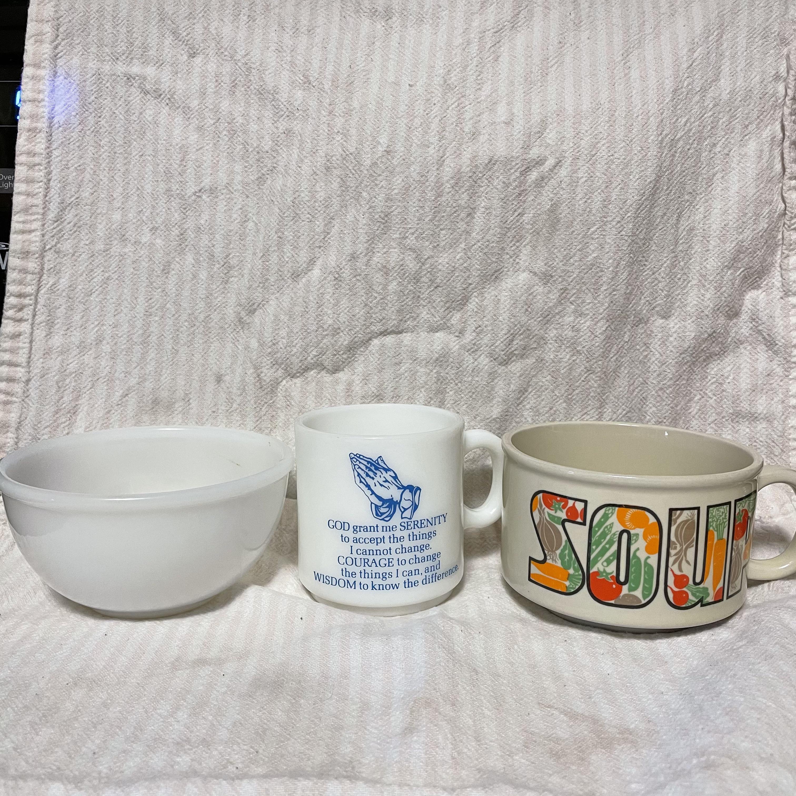 2 for all three, vintage Fire King bowl, milk glass mug and made in