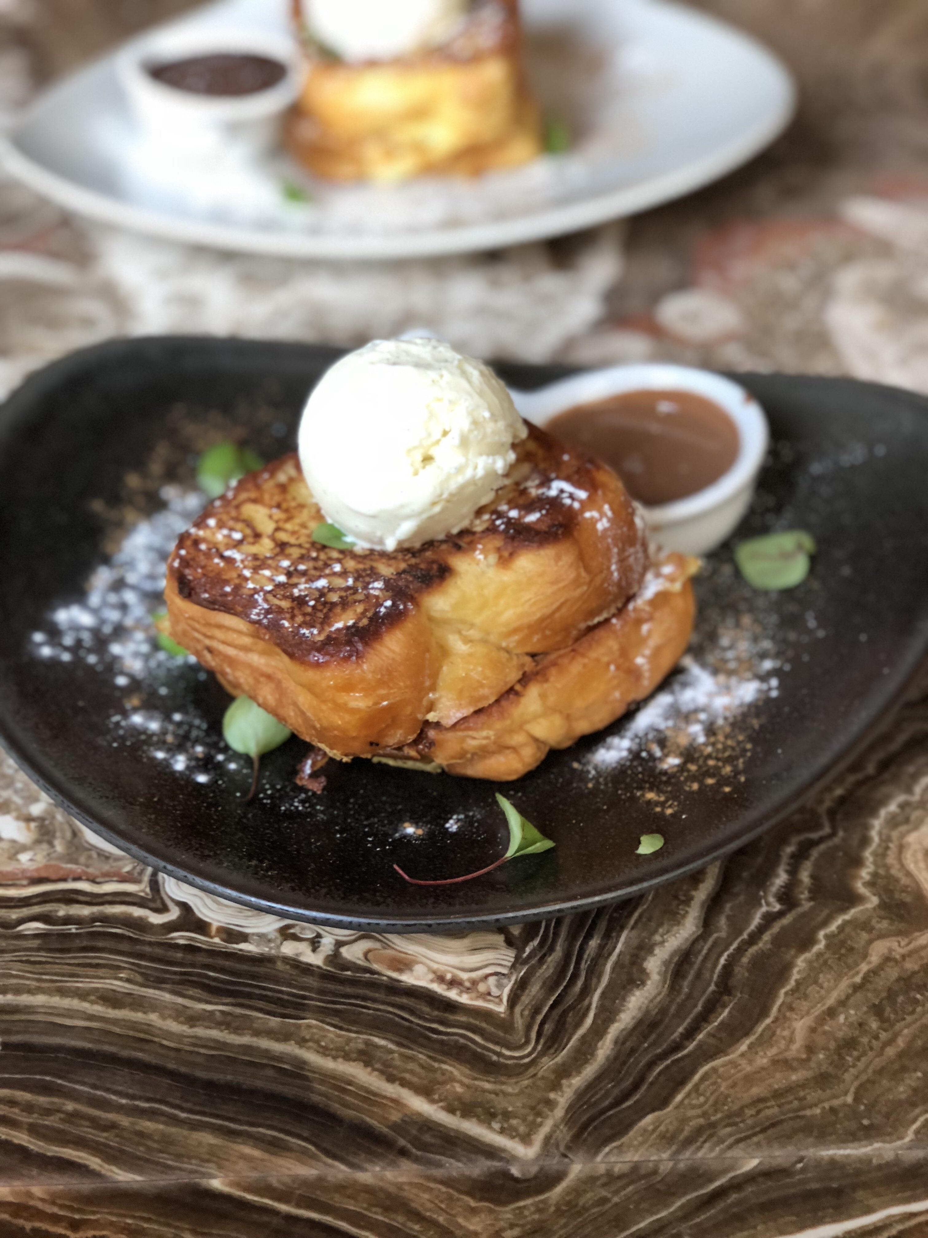 Hopefully foodporn worthy, chocolate chip brioche french toast with ice