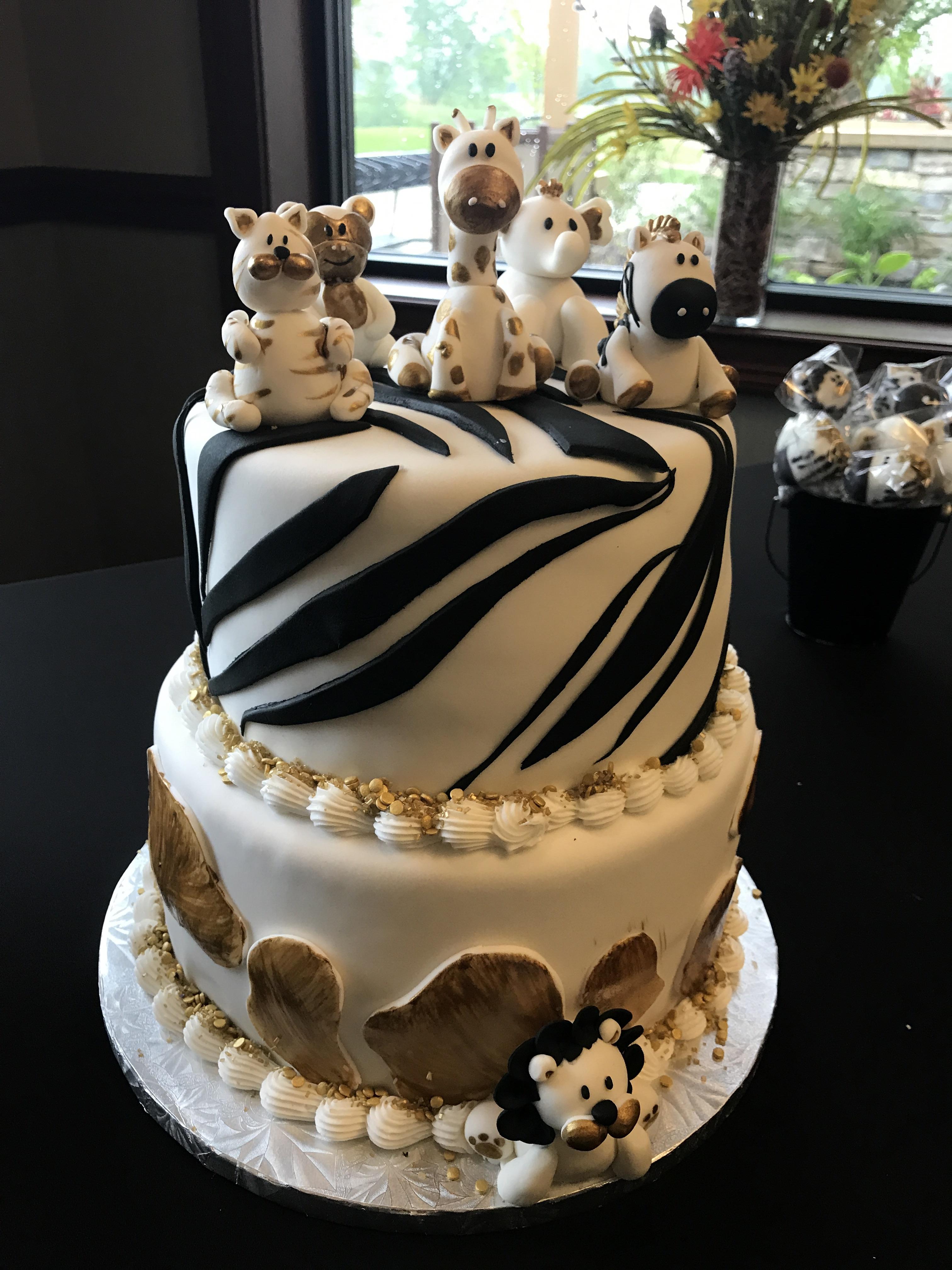 Modern Baby Shower Cake Black & White Jungle Safari Theme w/ Gold