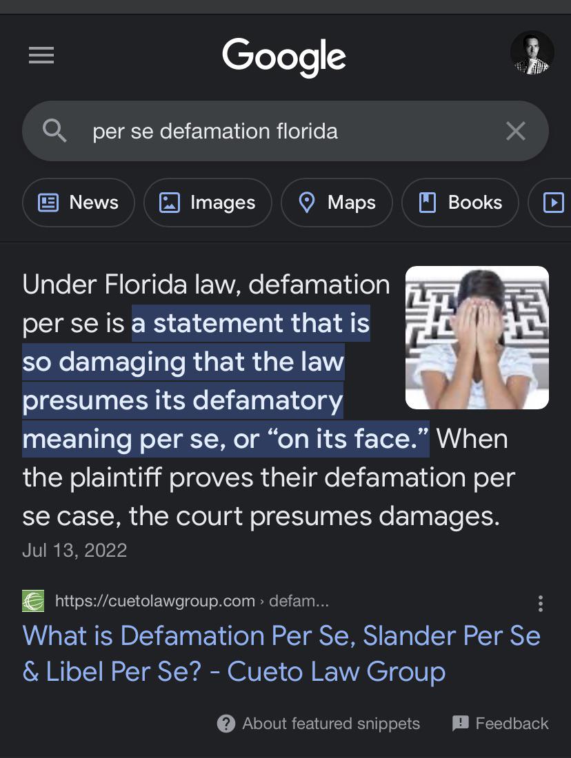 Florida is a Defamation Per Se state. Bad news for Lav (and her