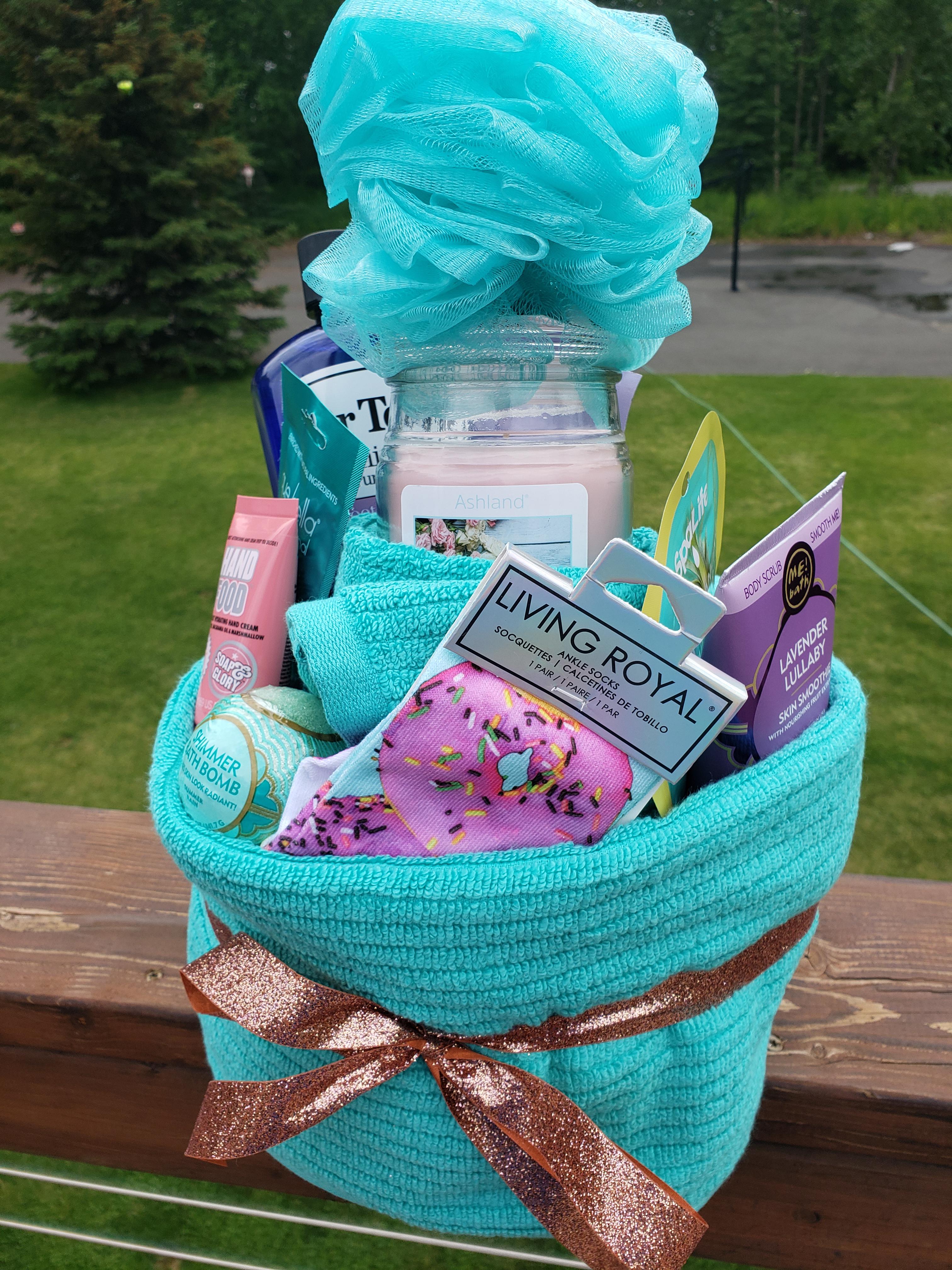 Spa day "cake" I made for a bridal shower gift with her favorite colors