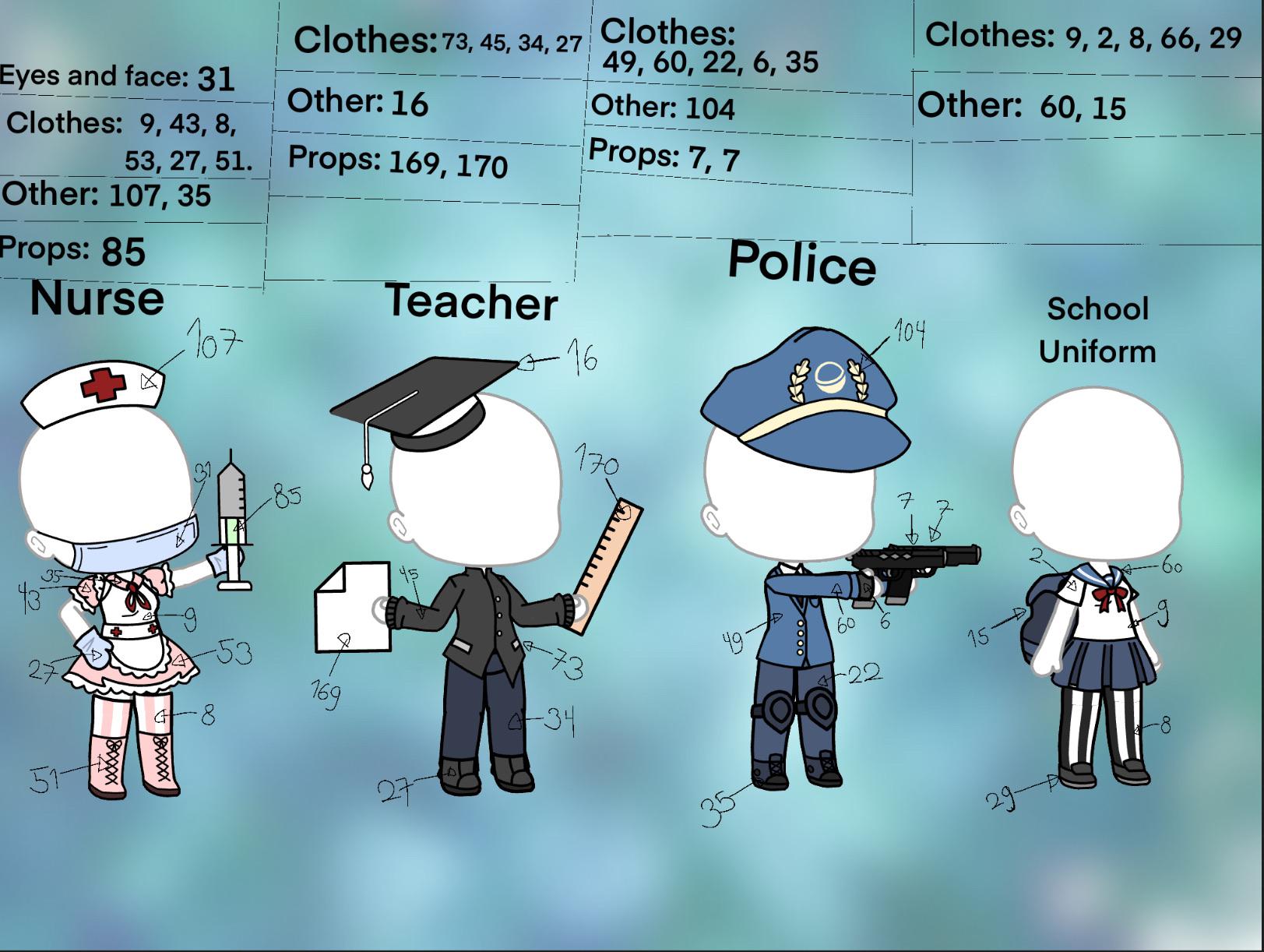 Made some more outfits! A Nurse outfit, Teacher, Police and a School