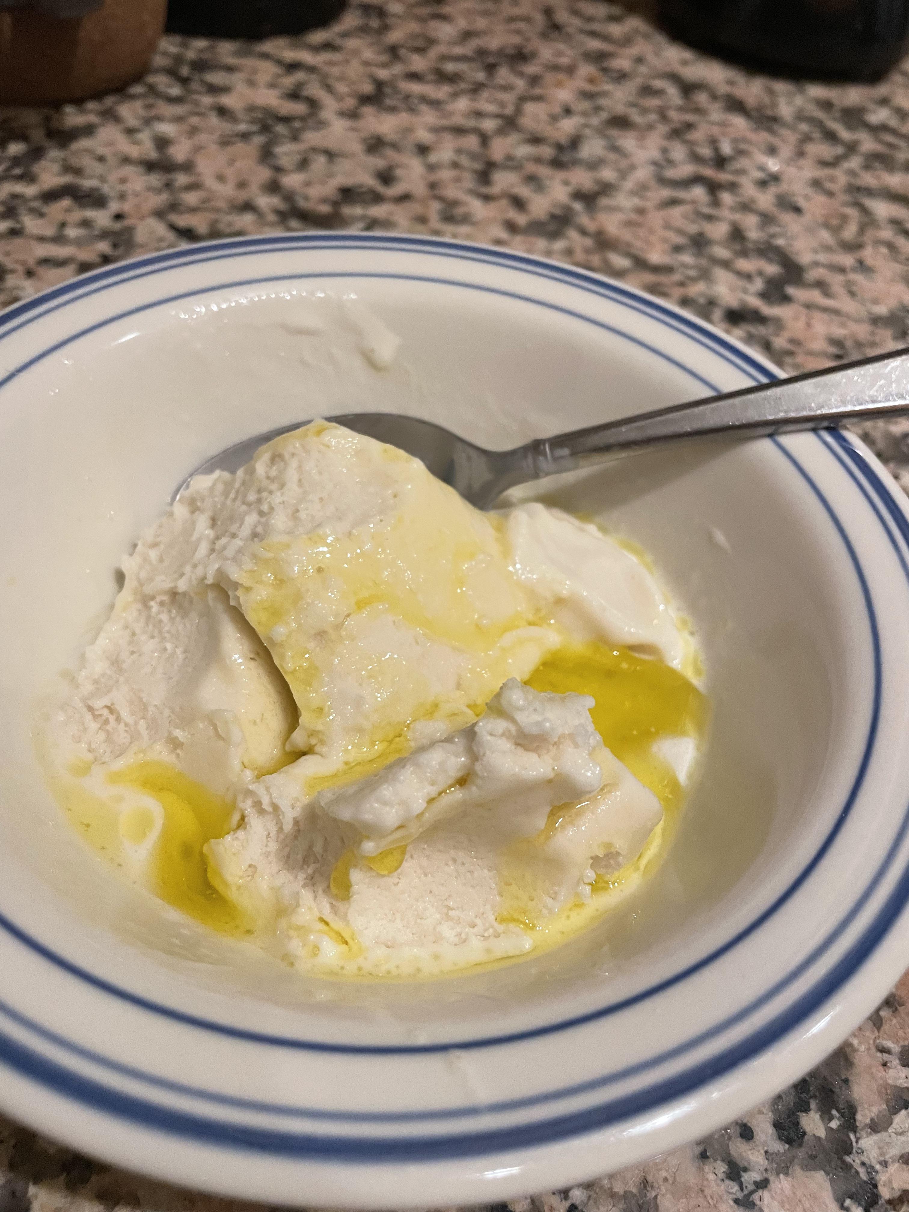 Vanilla soy ice cream with olive oil and sea salt. Tastes better than