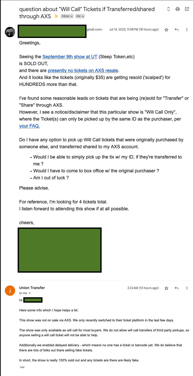 Scalper WARNING 2023/Sept/09 show at Union Transfer has no legitimate