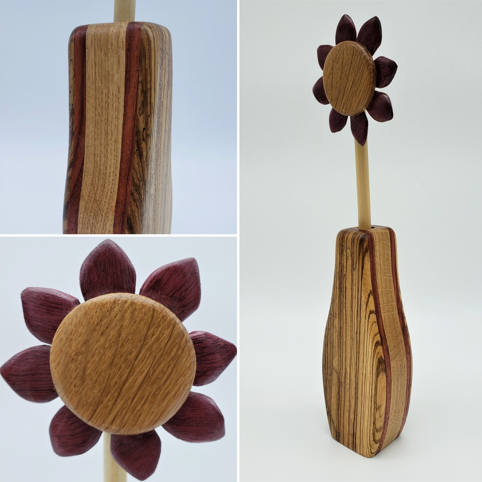 One of my new wood flower/vase combos. Zebrawood, padauk, white oak