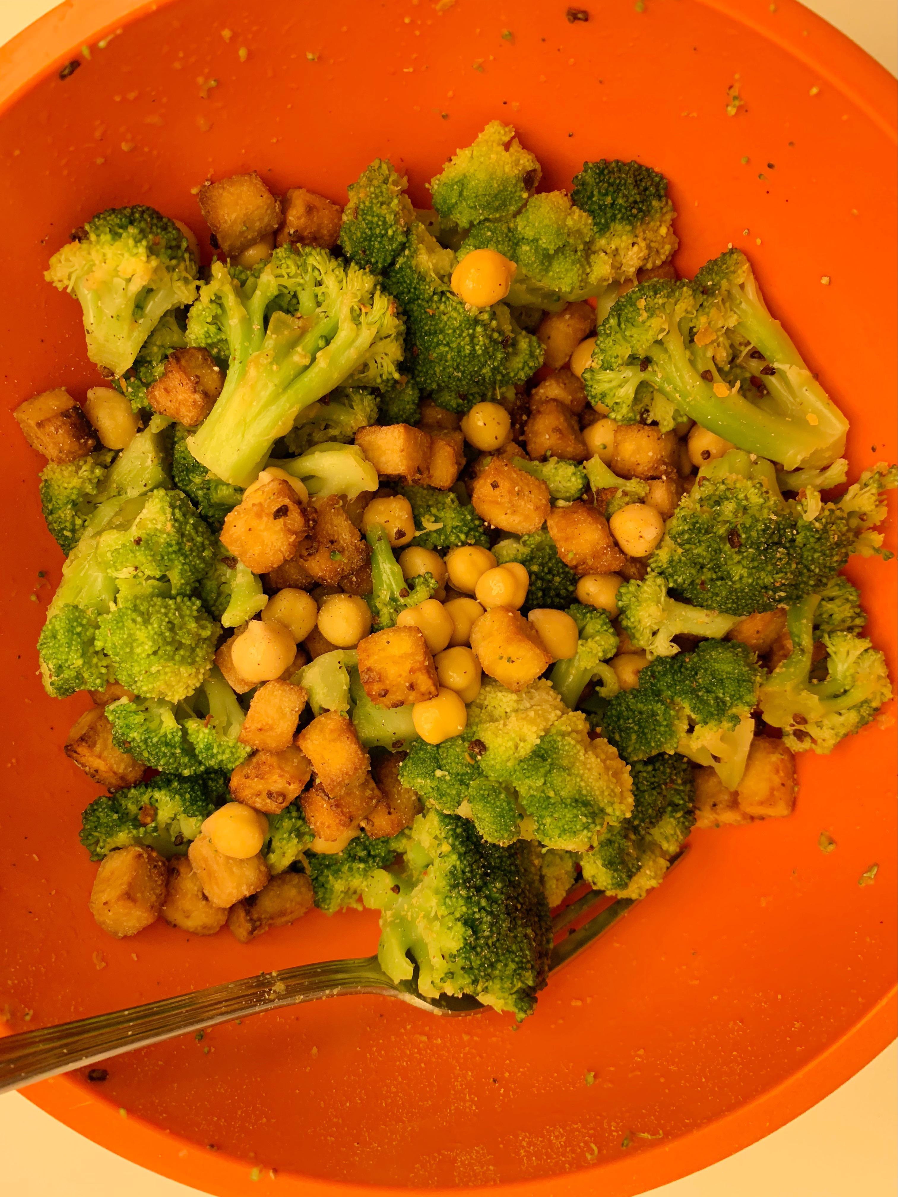 Soy sauce marinated tofu cooked in the air fryer, broccoli, and chick