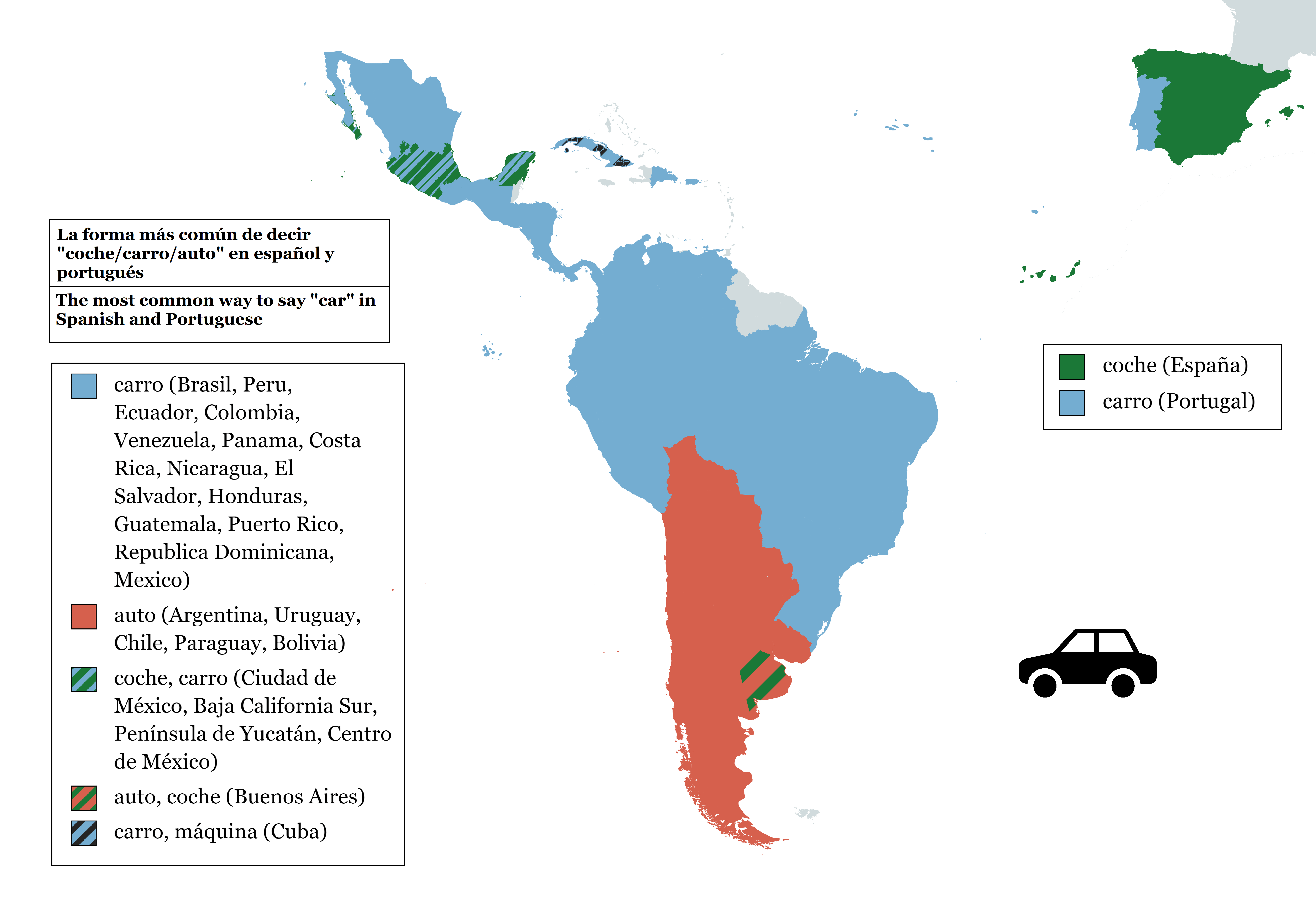 The most common way to say "car" in Spanish and Portuguese. 🚗 MapPorn