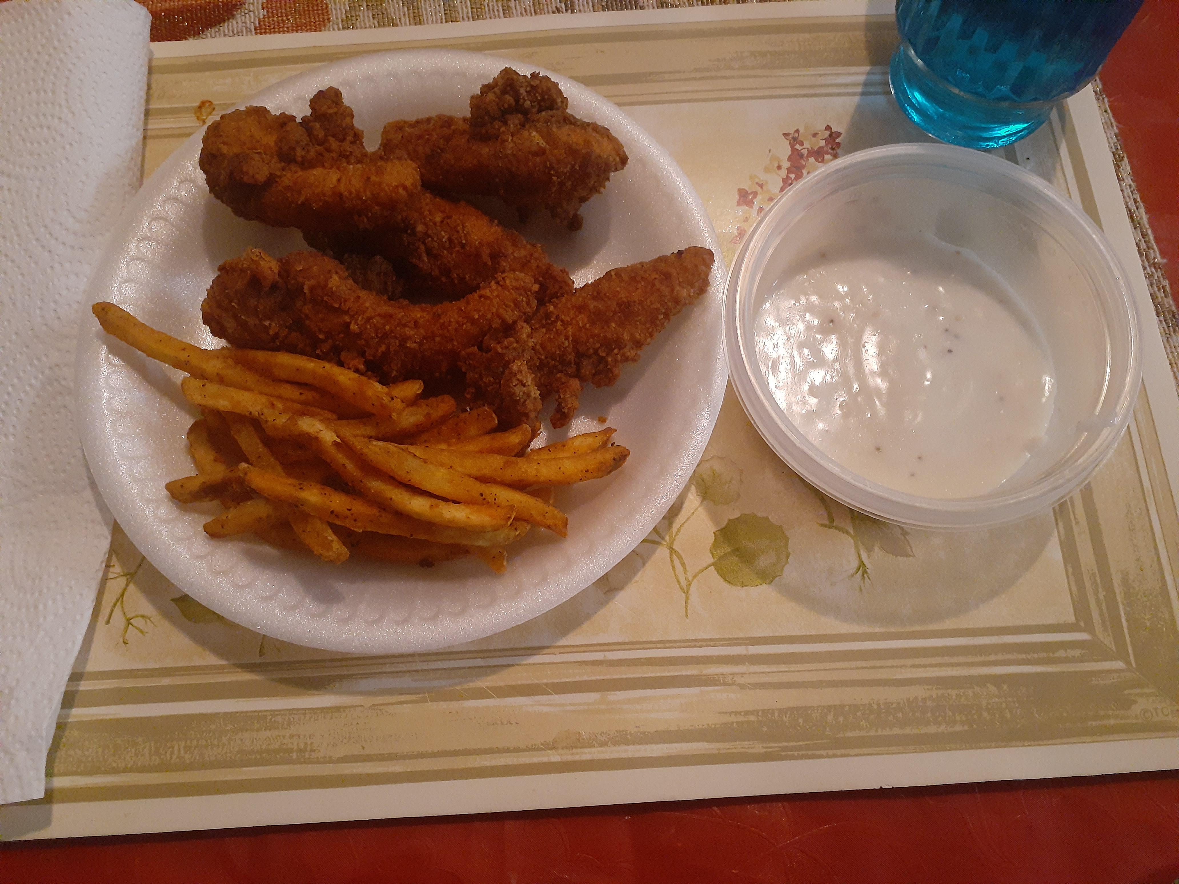 Homemade Chicken Strips with Country White Gravy dipping and Checkers