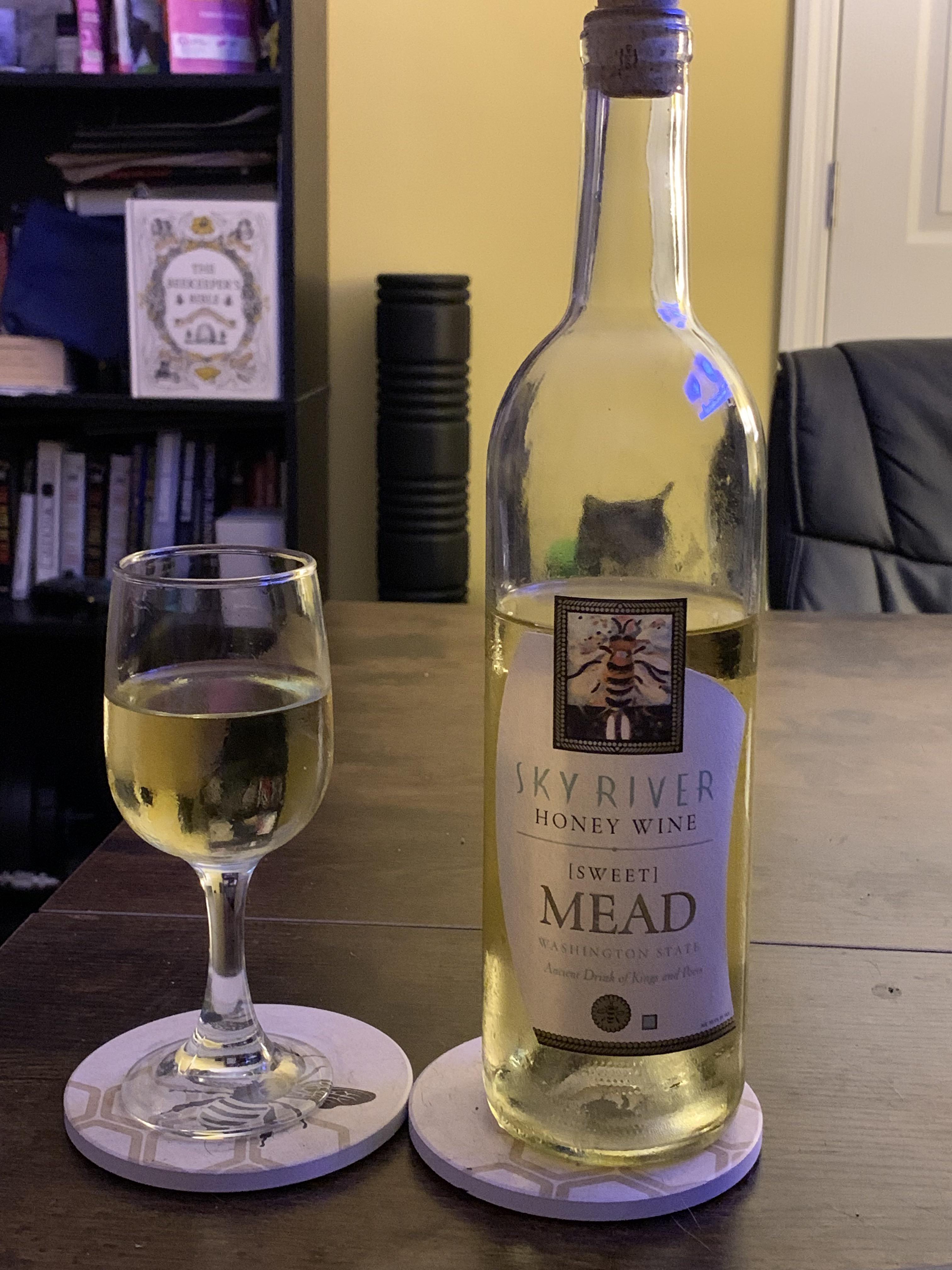 Cat photobombed the picture. Trying Skyriver’s Sweet Mead tonight! I
