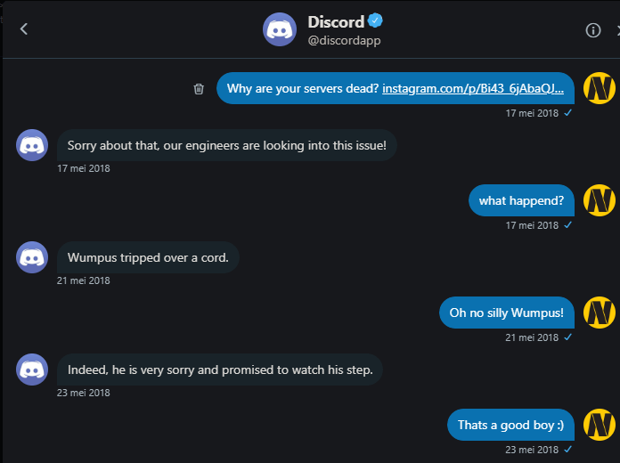 My interaction with discord support after the servers went down. Hands